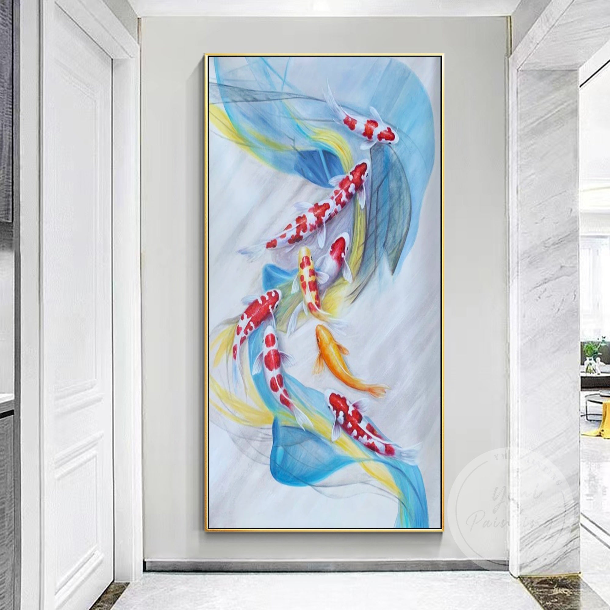 Artistic koi fish wall decor with smooth brushstrokes and soft water-inspired movement.