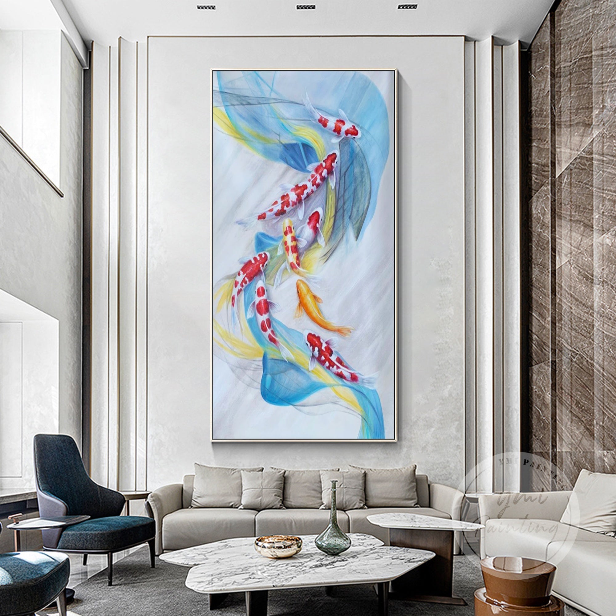 Abstract koi fish painting with textured brushstrokes and harmonious water elements.