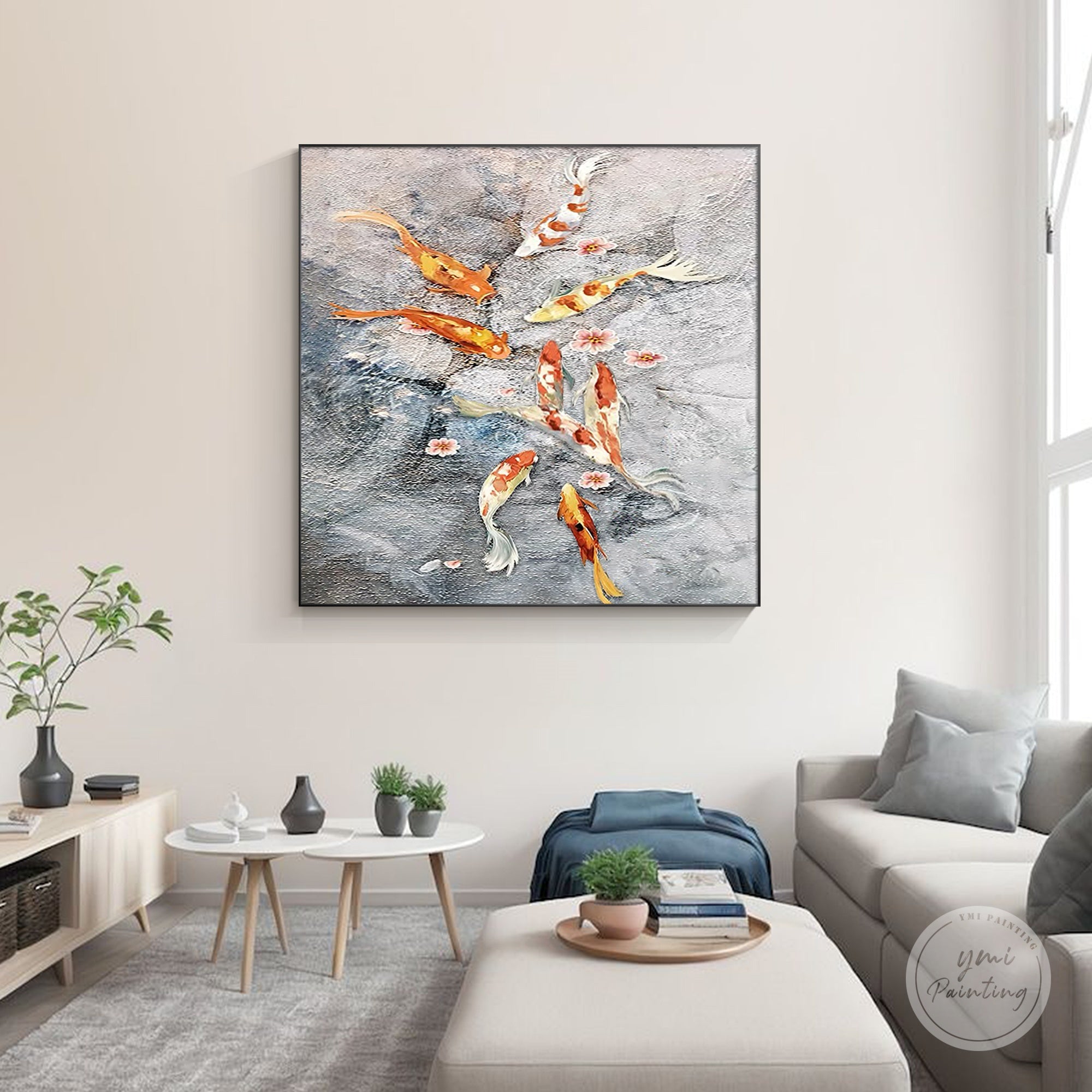 オリジナルの鯉の油絵、グレーウォーター風水壁アート