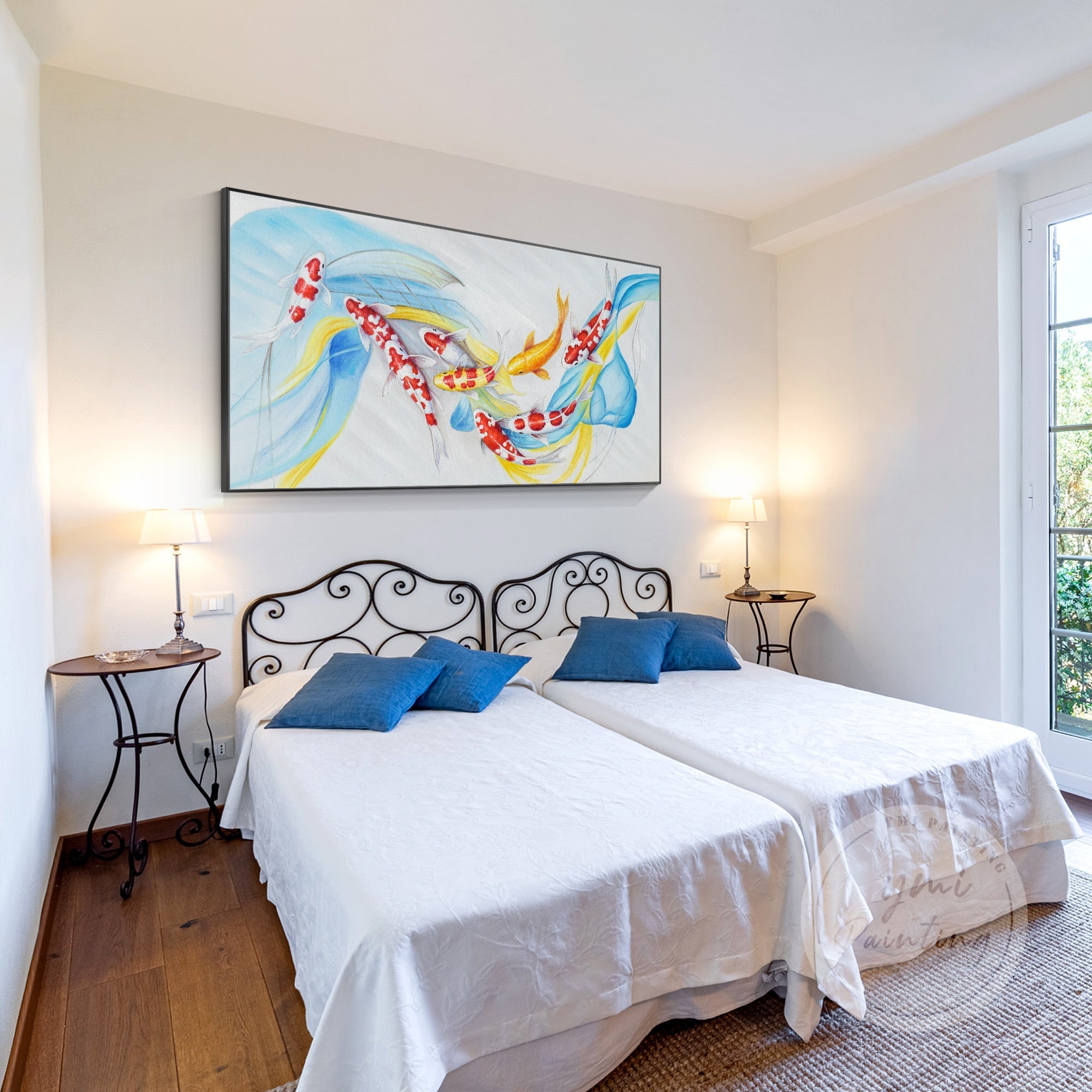 Colorful koi fish wall decor painting with white frame for modern homes
