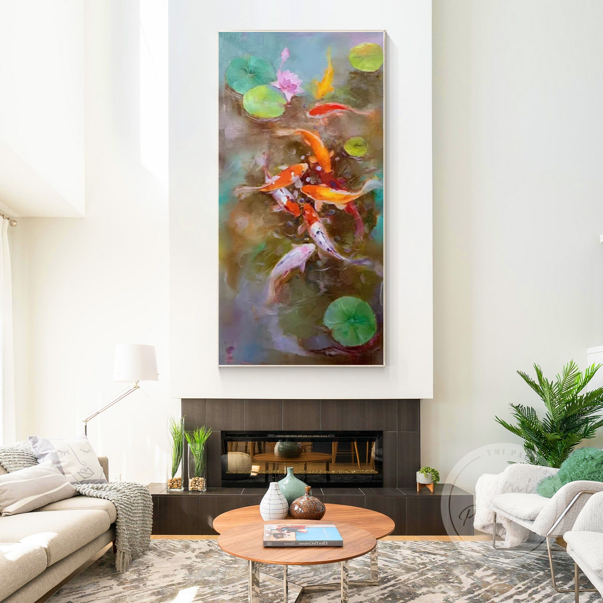 Colorful koi fish swimming in a pond with lotus leaves oil painting