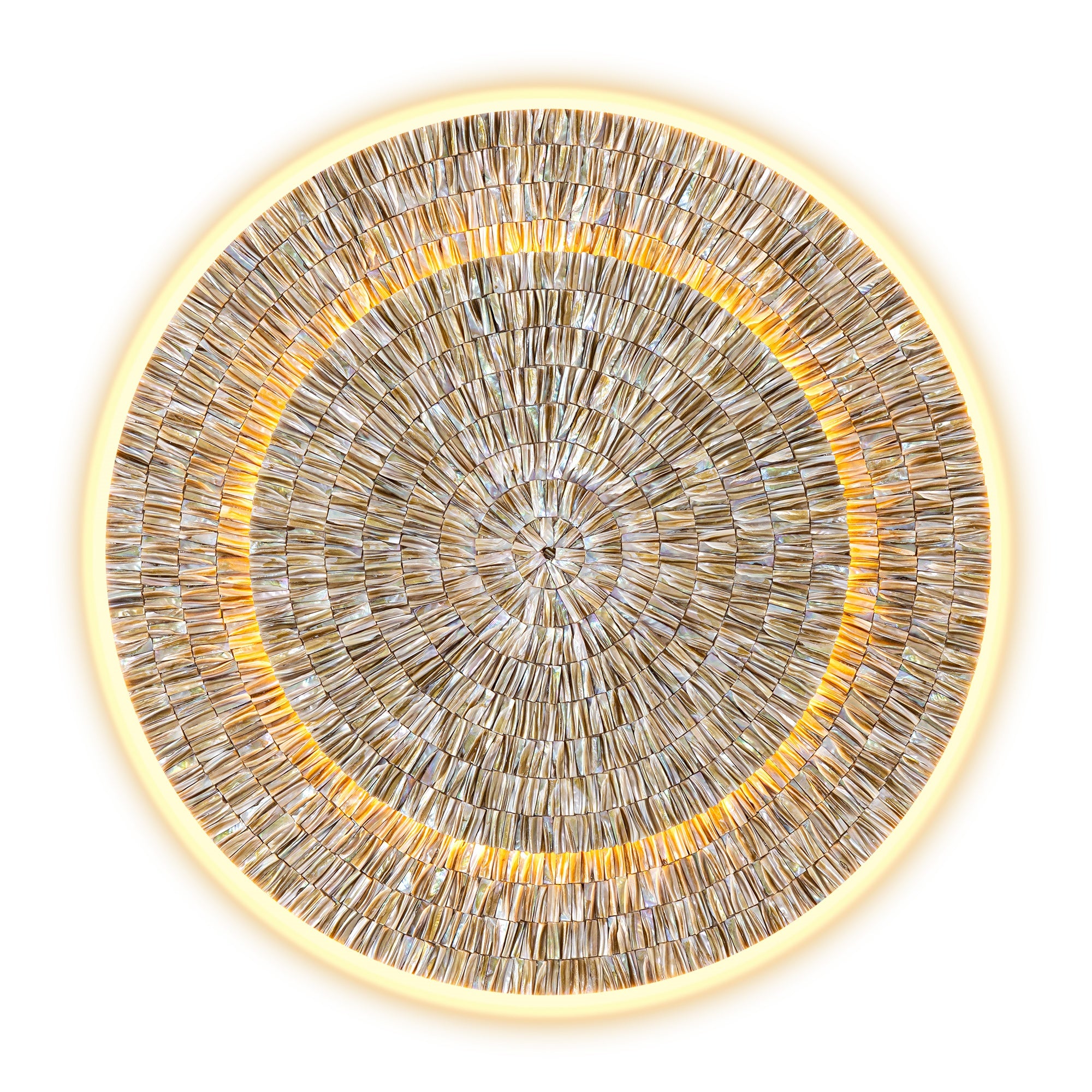 Dual-layer round LED oyster shell wall art for modern living room decor.