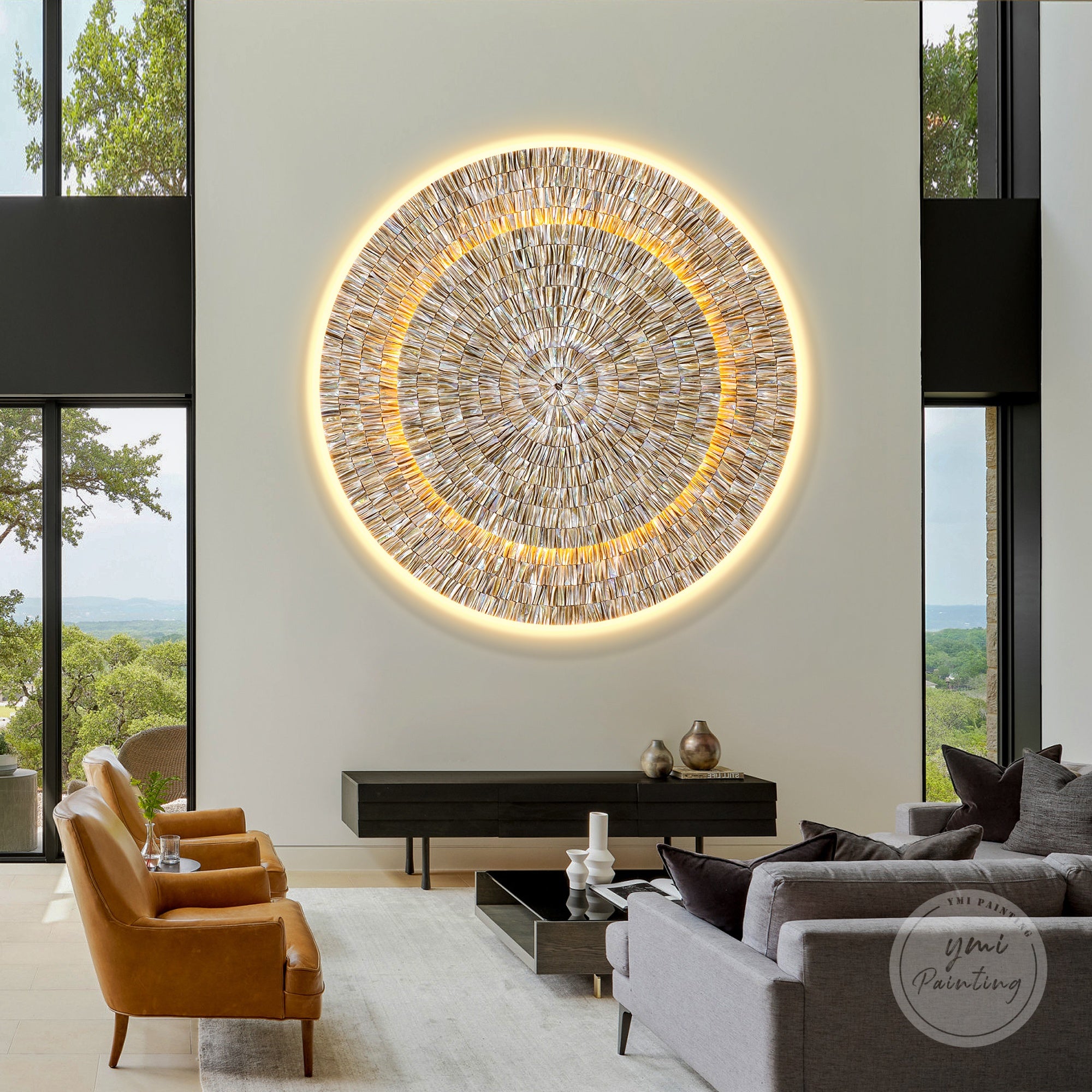 Round oyster shell wall sculpture with integrated LED lighting and layered design.