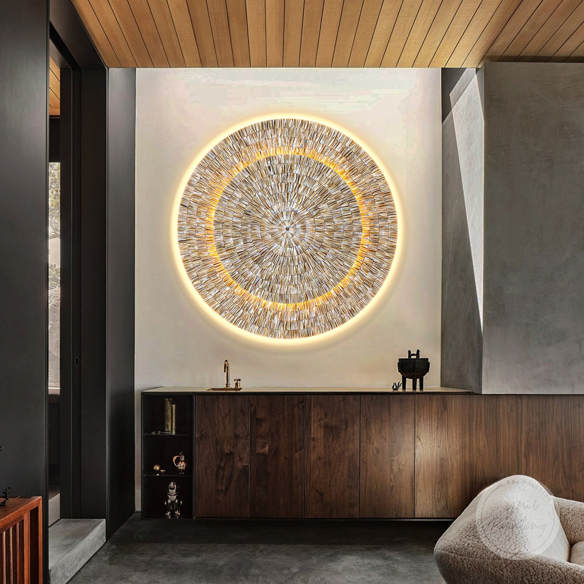 LED oyster shell wall art creating depth and ambient glow for contemporary interiors.