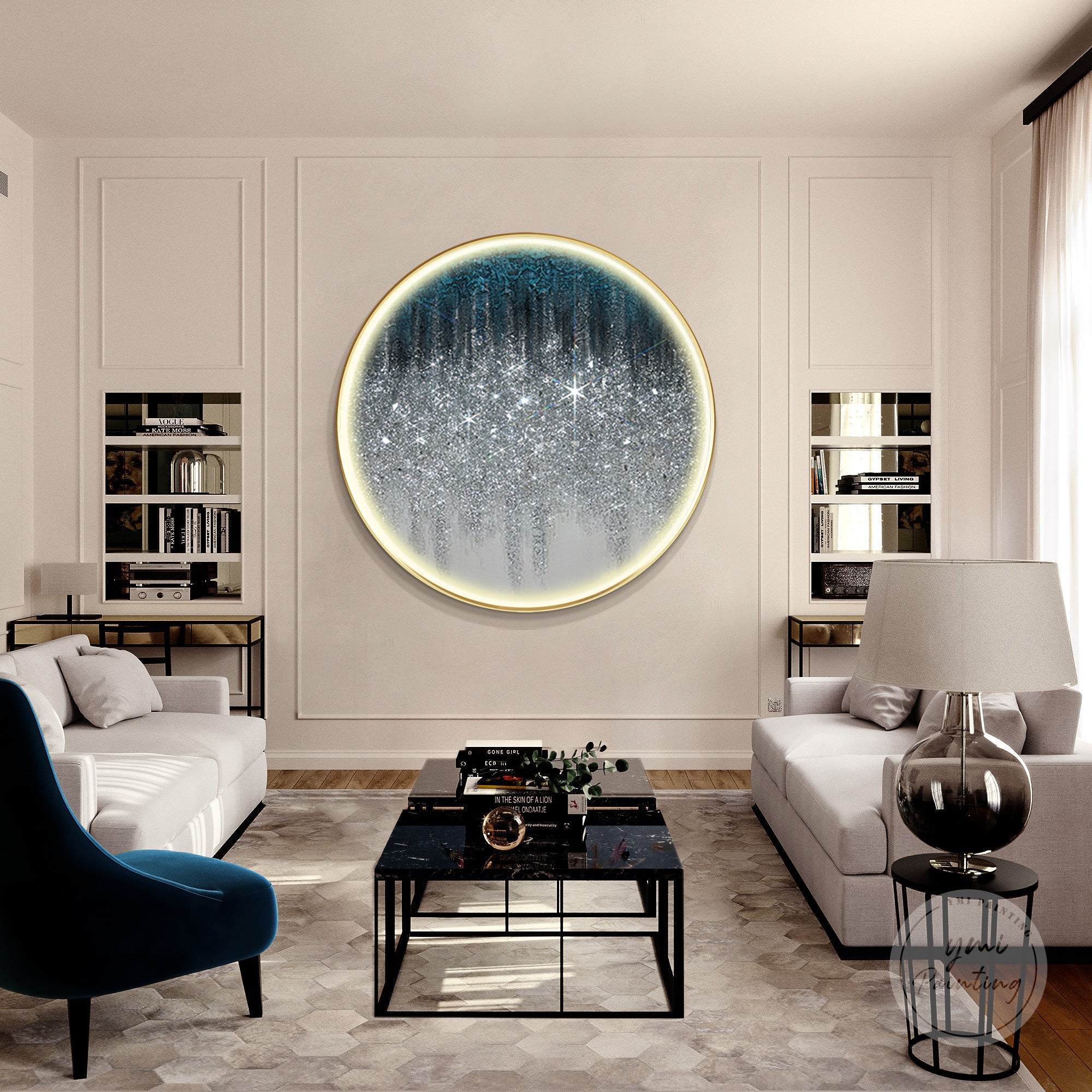 Large LED wall art with warm color glow, silver glitter, and crushed glass, ideal for boutique hotels.