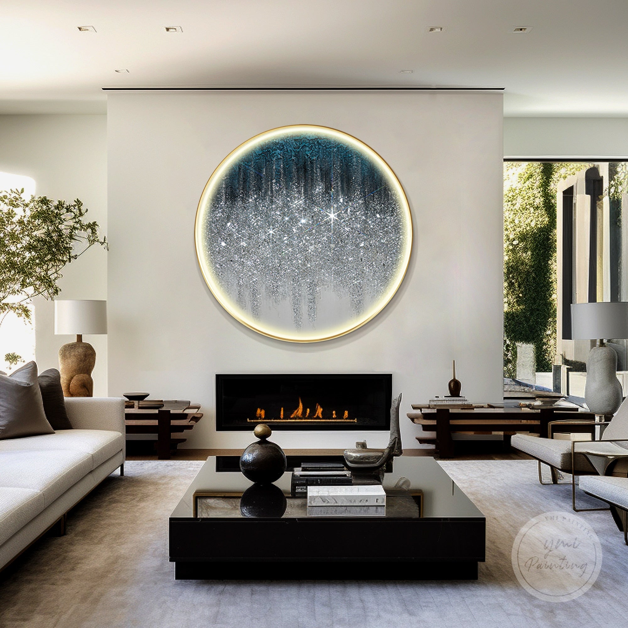 Handcrafted round LED wall art with warm colors, glitter accents, and crushed glass elements.