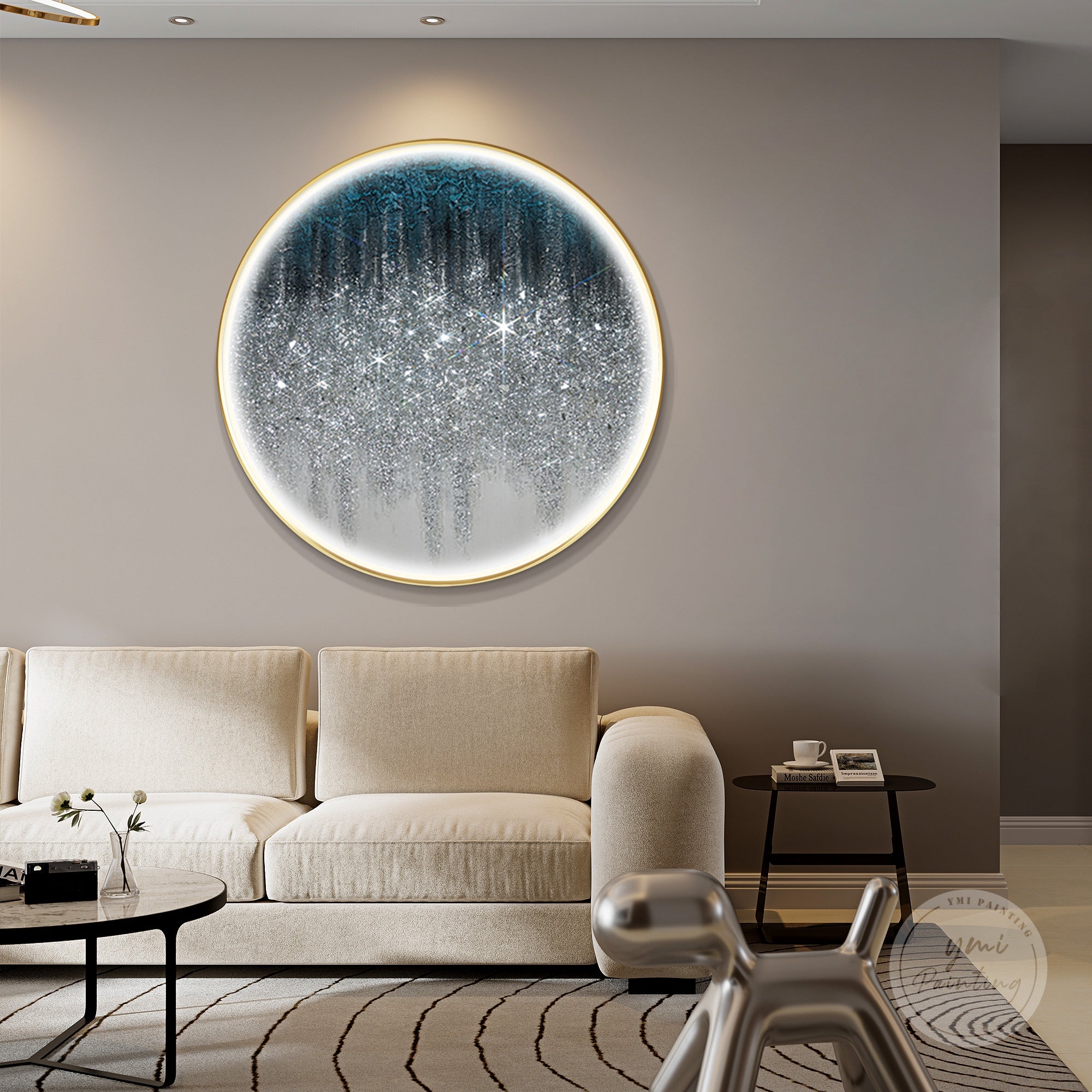 Cold LED round wall painting with silver glitter and crushed glass accents, ideal for bedrooms or offices.