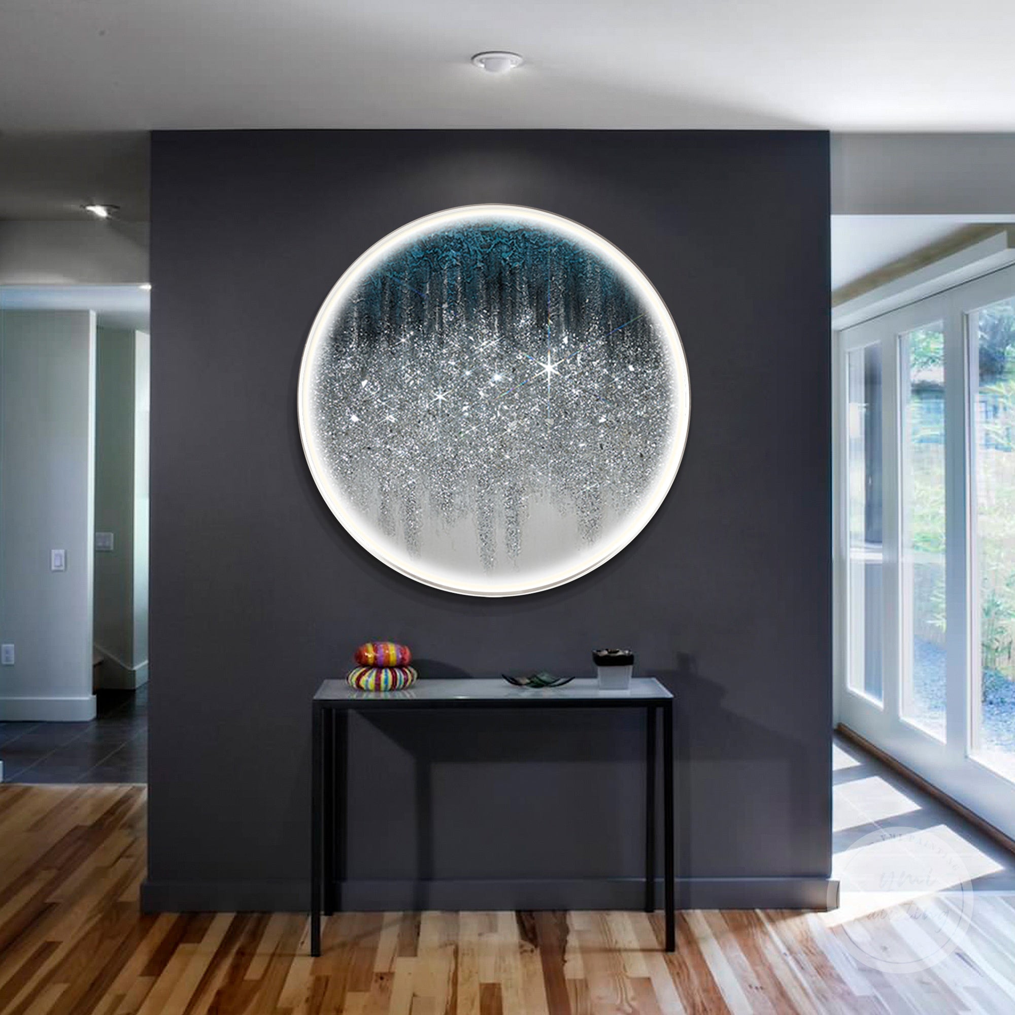 Handcrafted round LED wall art with cold light, glitter, and crushed glass, perfect for boutique hotels.