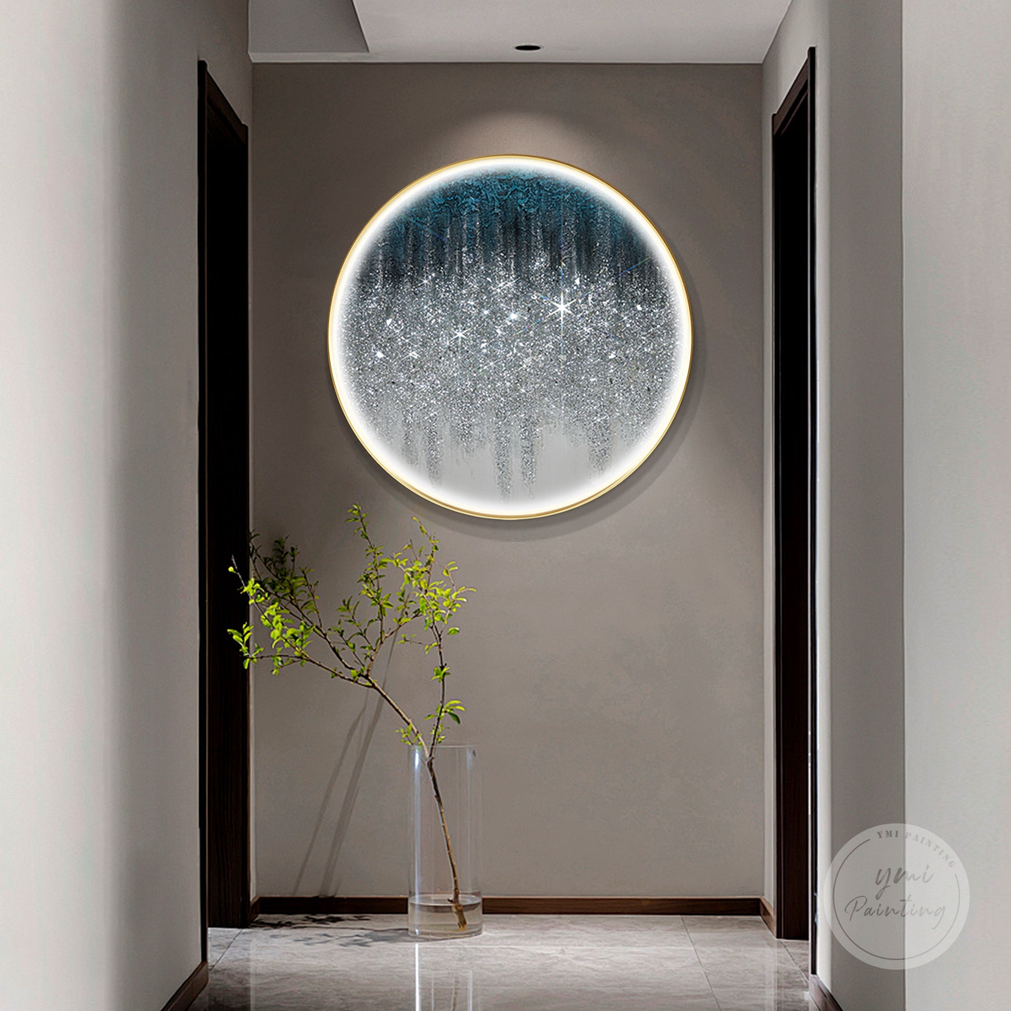 Round LED silver wall art with cold lighting, glitter, and crushed glass, perfect housewarming or wedding gift.