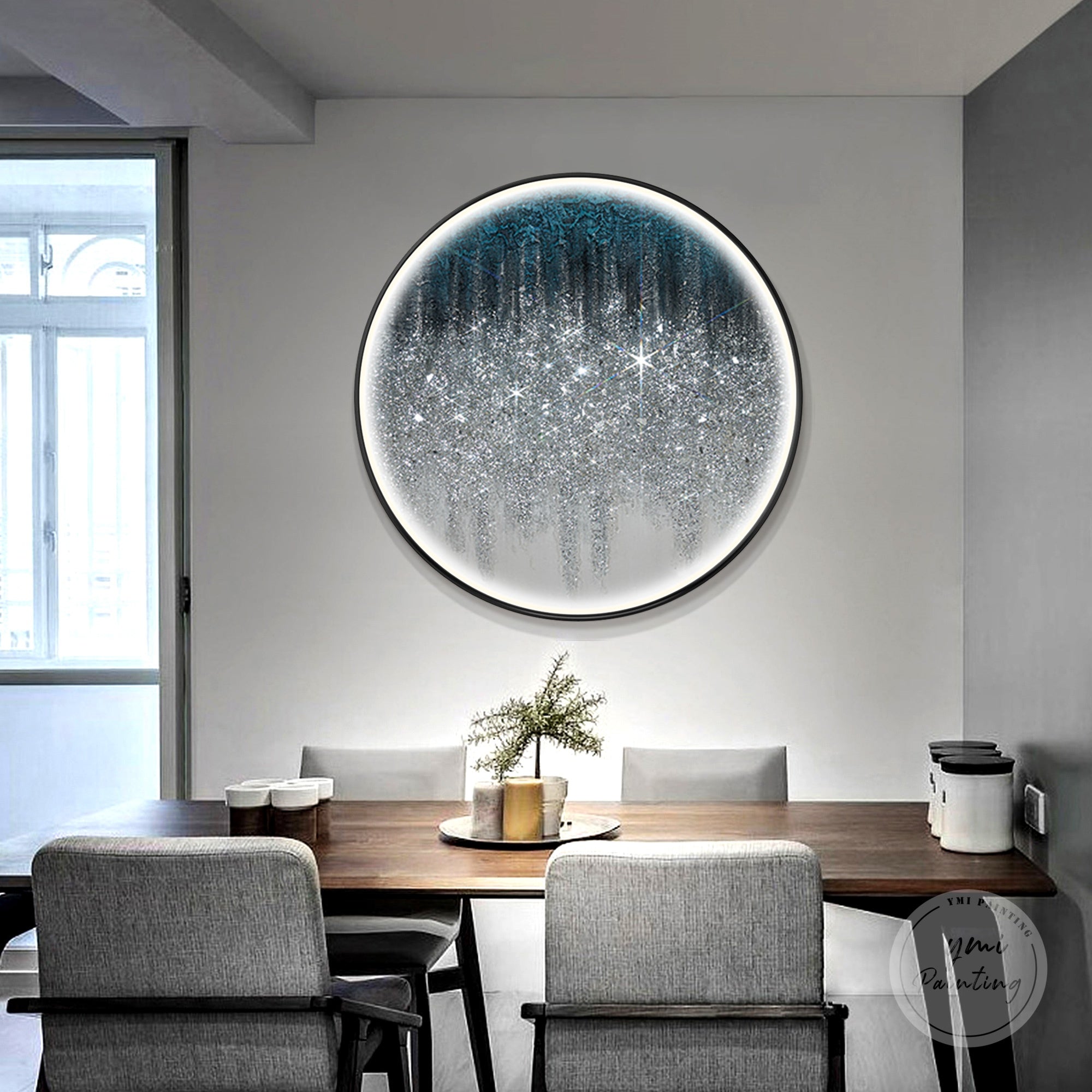 Large round LED wall sculpture with cold LED illumination, silver glitter, and crushed glass, ideal luxury décor.