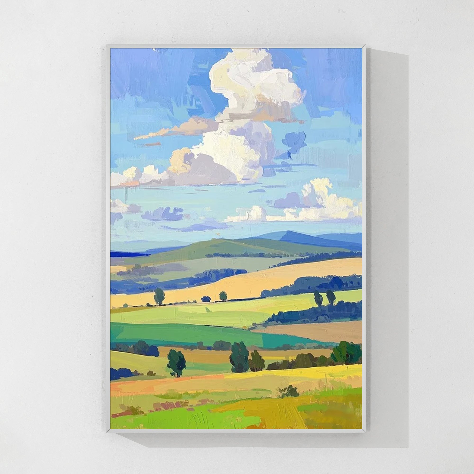 Hand-painted panoramic hillside landscape oil painting with blue sky