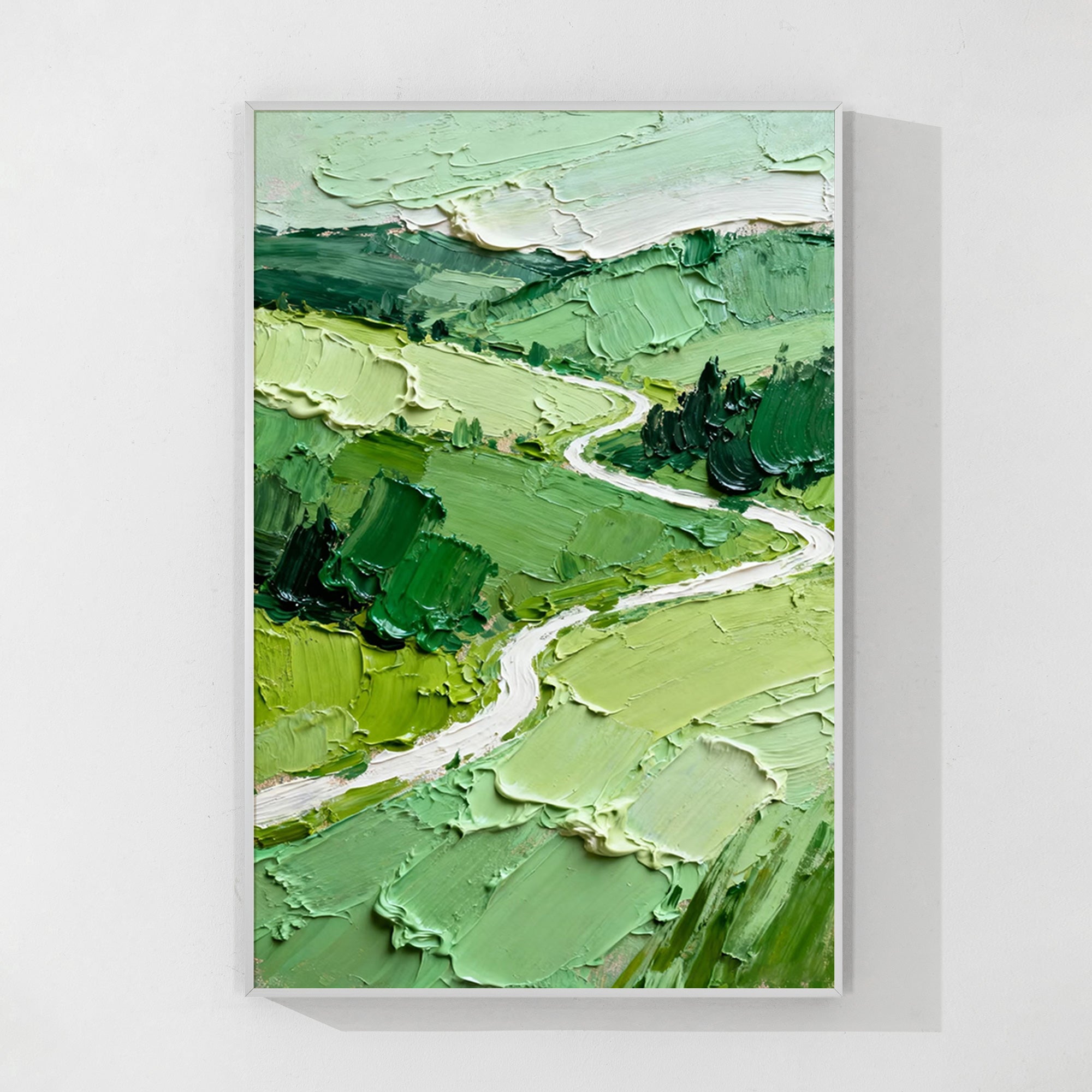 Hand-painted panoramic hillside oil painting with winding white path