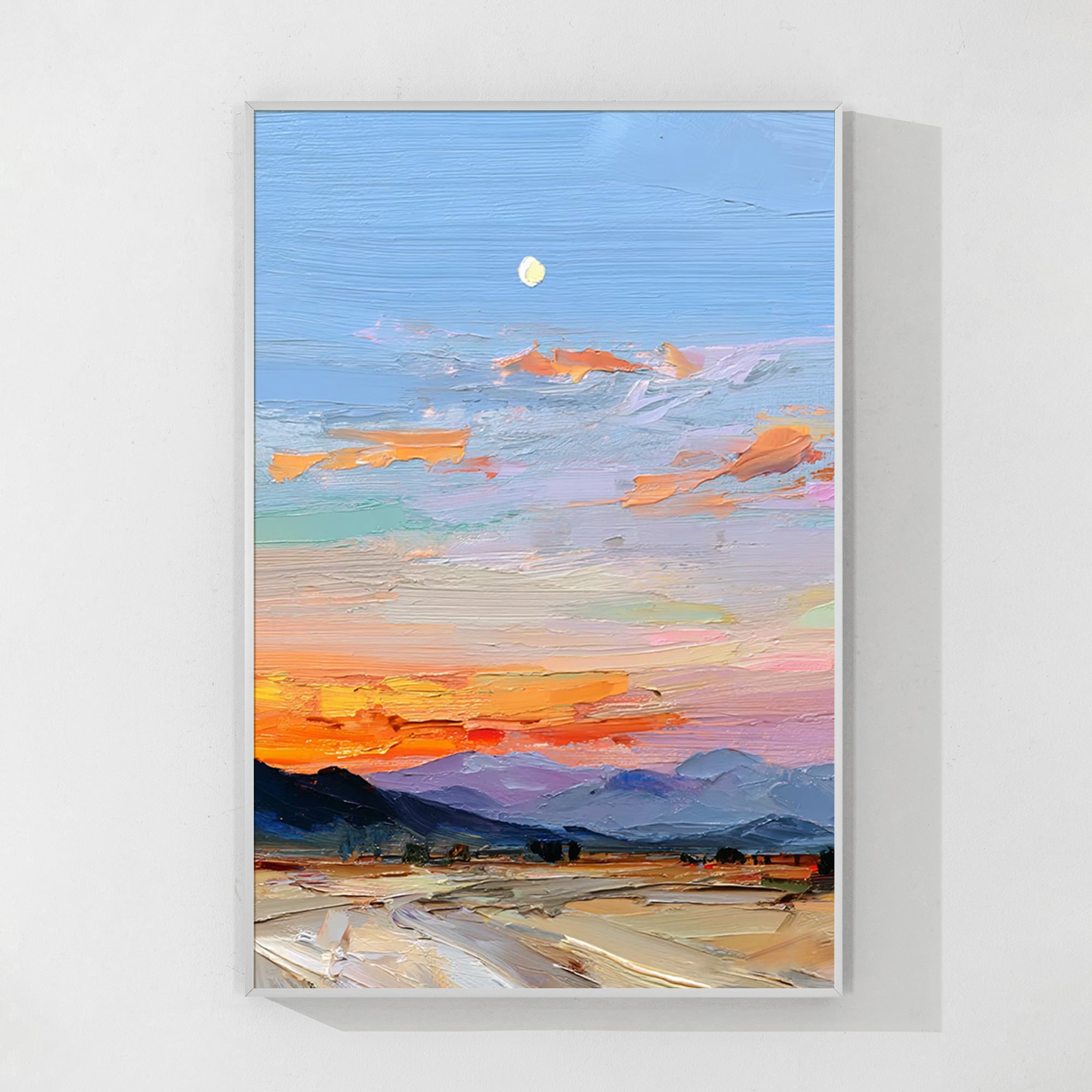 Vertical abstract landscape oil painting with moonlit sky and layered mountains