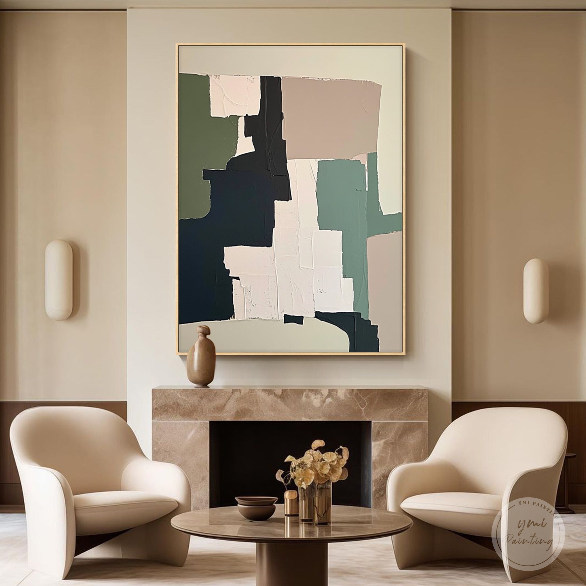 Large abstract canvas painting styled above a living room sofa