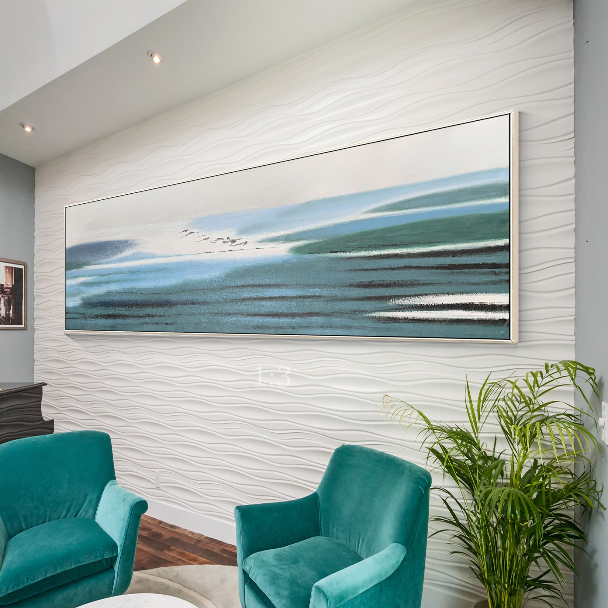 Oversized abstract blue artwork with gentle color blending and a calm, open visual feel