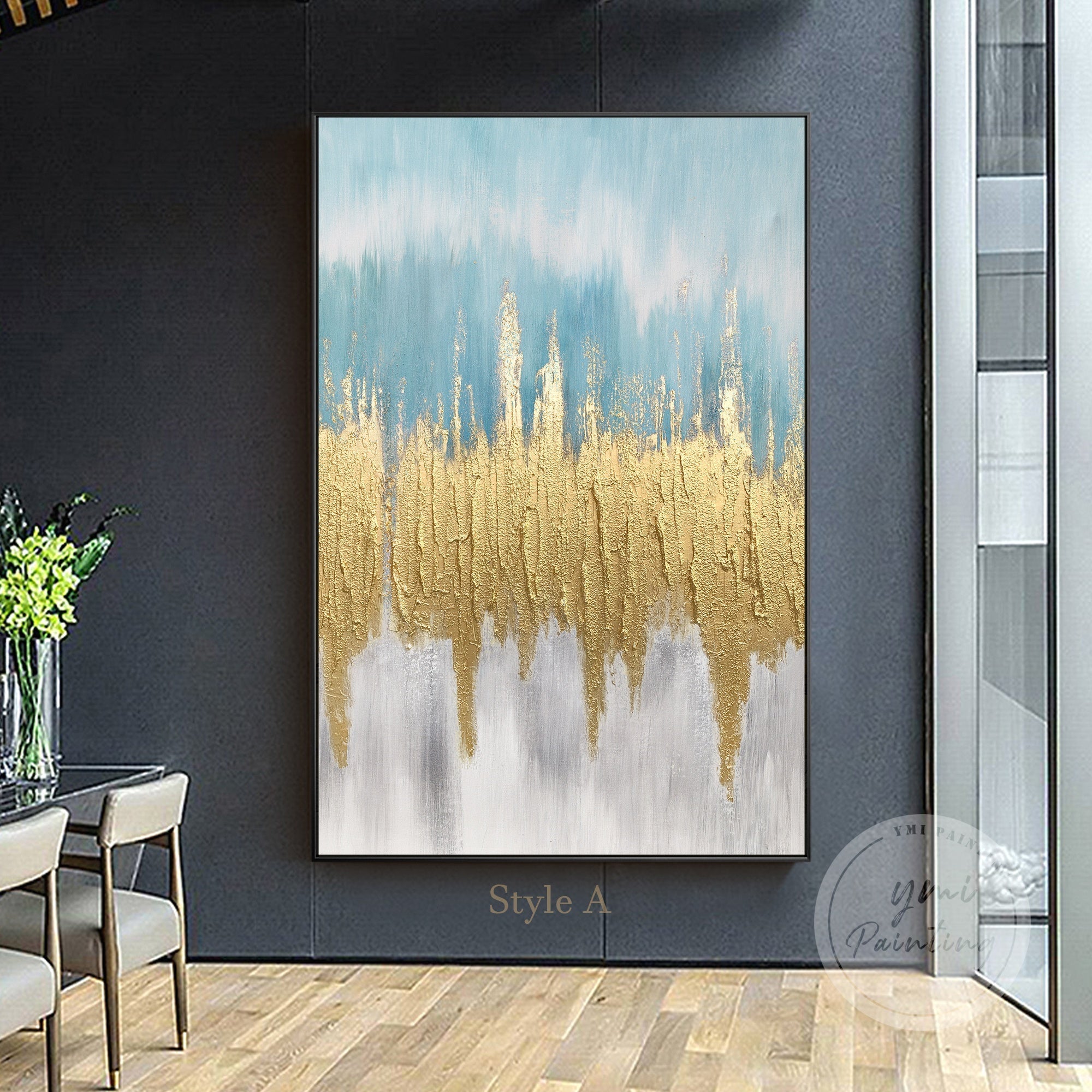 Contemporary abstract art in blue, white, and gold for bedroom decor