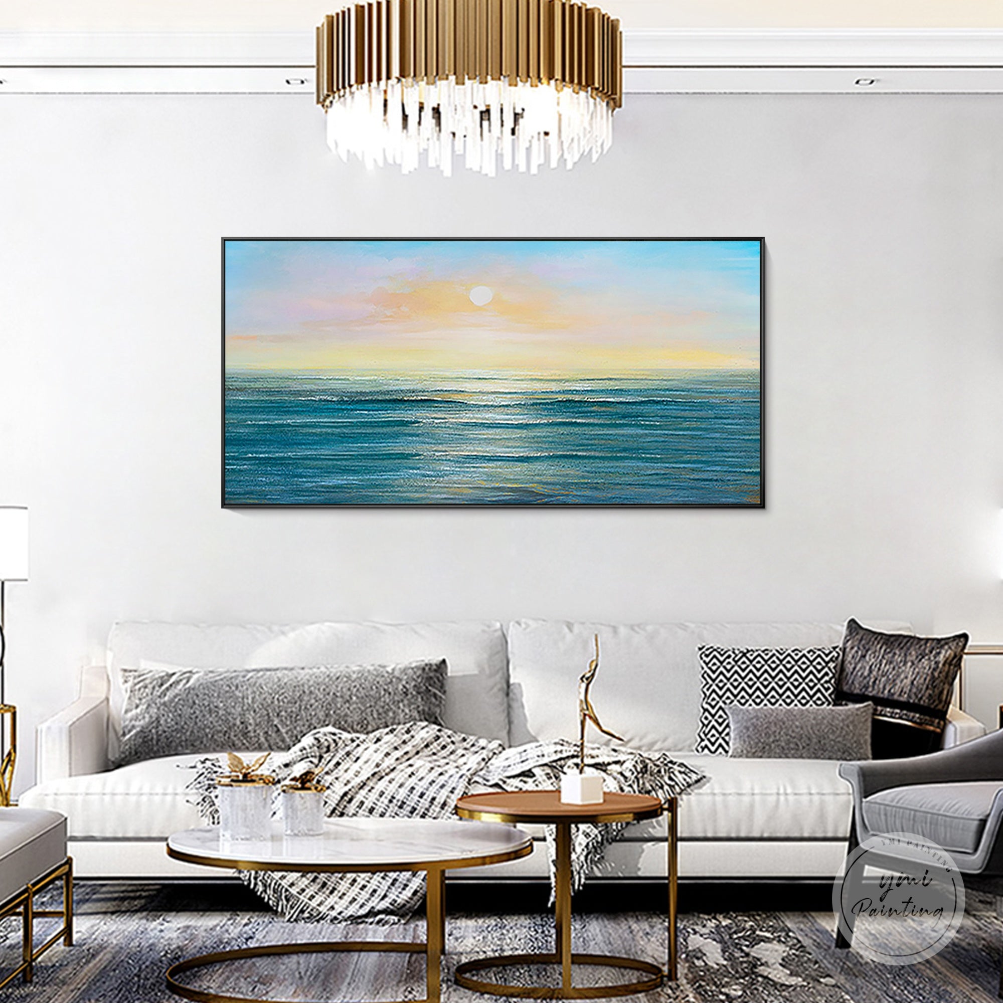 Large framed abstract sunset seascape canvas wall art in contemporary living room