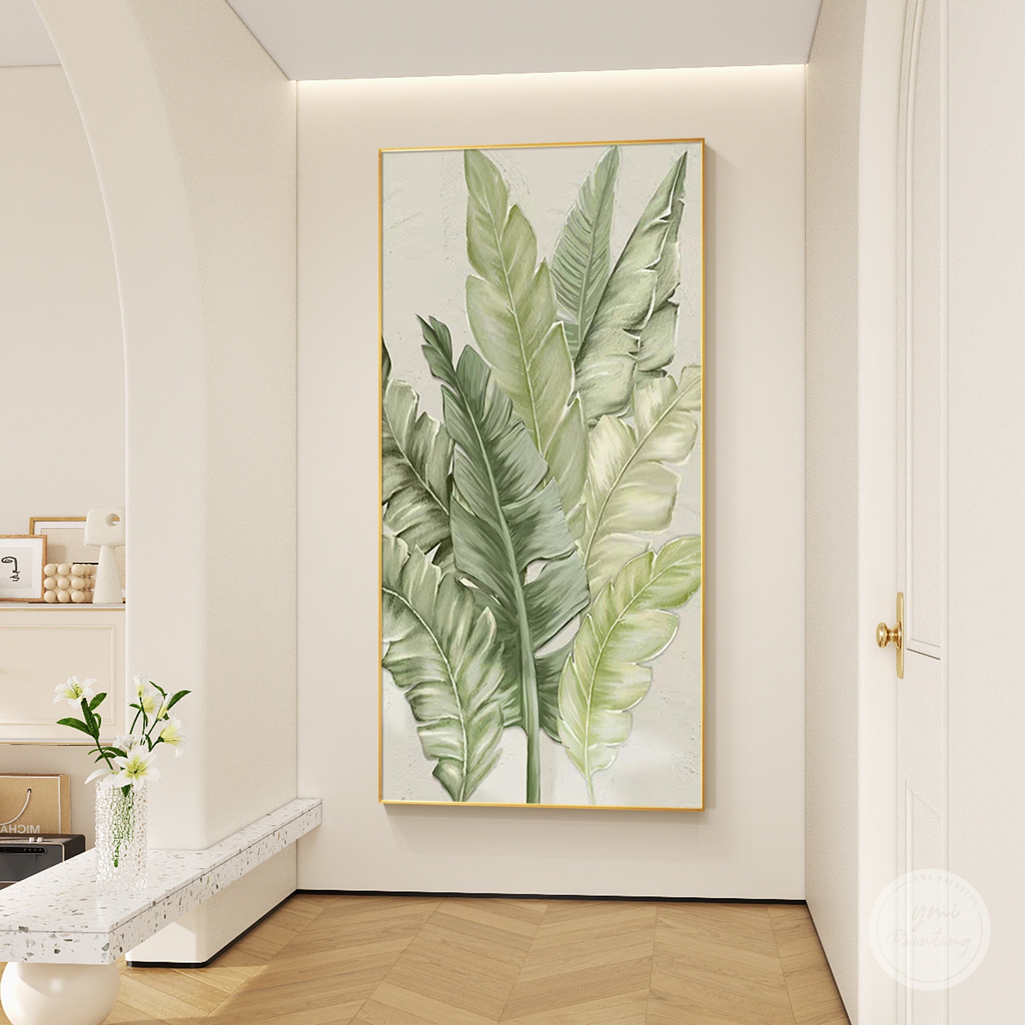 Minimalist green leaf wall art featured on a staircase interior wall