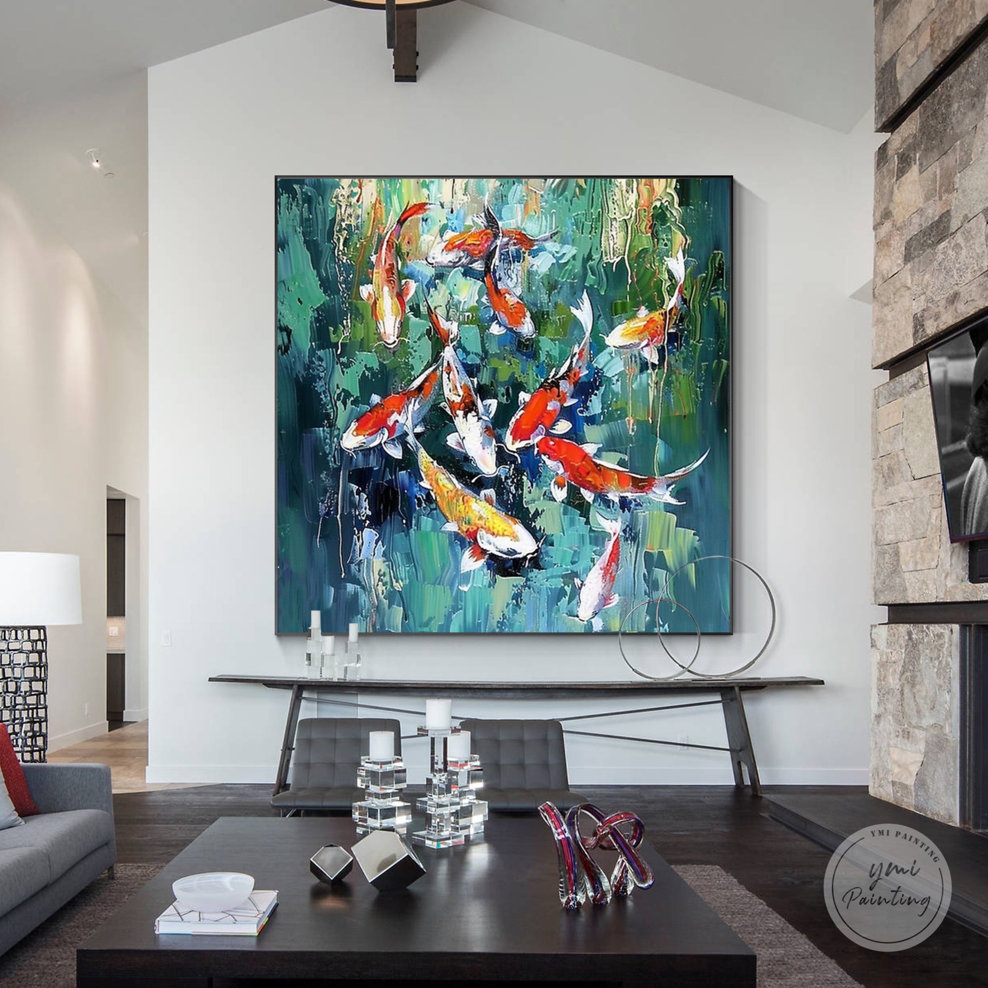 Large framed koi fish oil painting adding a calm and balanced presence to a living room wall.