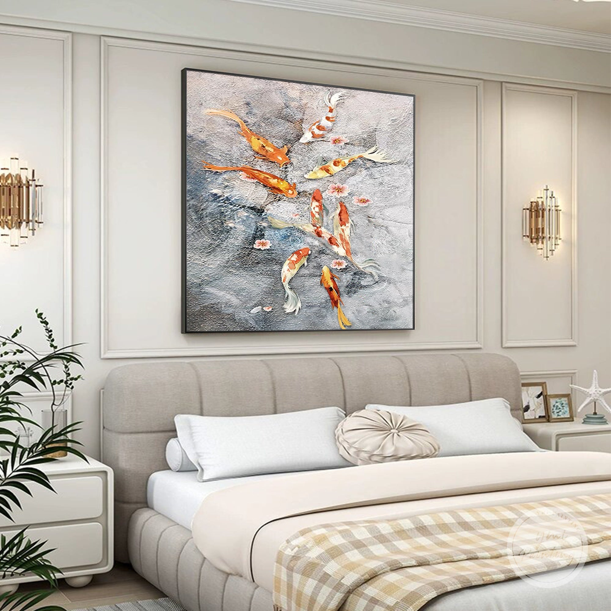 Original Koi Fish Oil Painting, Gray Water Feng Shui Wall Art