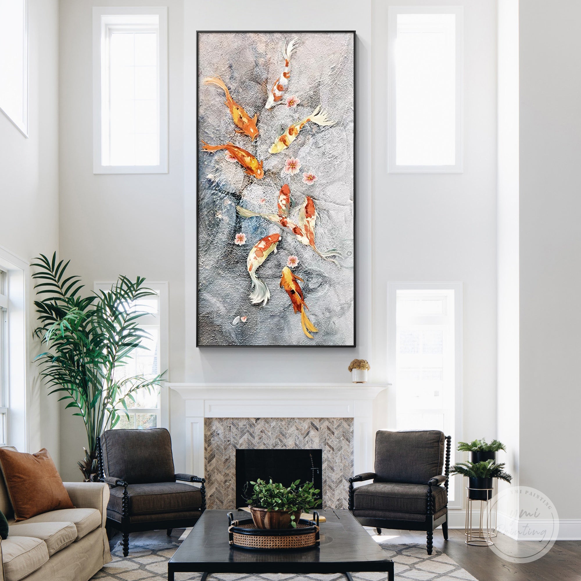 Large koi fish painting with orange koi on gray background displayed as wall art in a living room