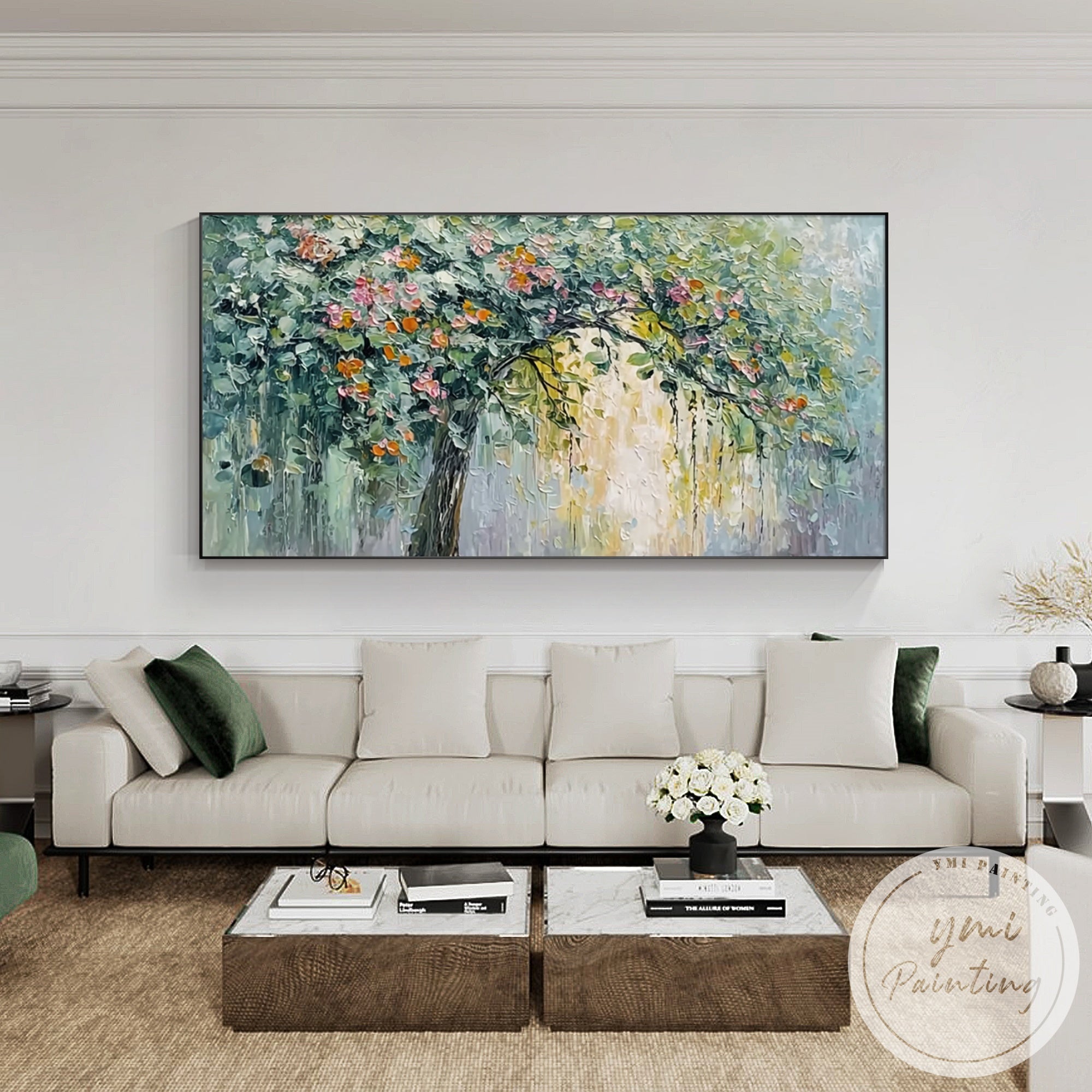 Impressionist floral canvas art in cozy boho-style bedroom with soft lighting