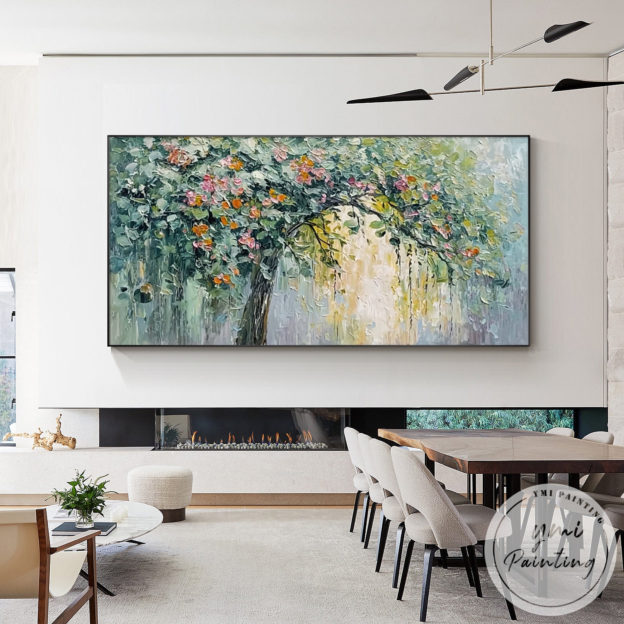 Modern abstract nature painting as focal point in contemporary apartment living space
