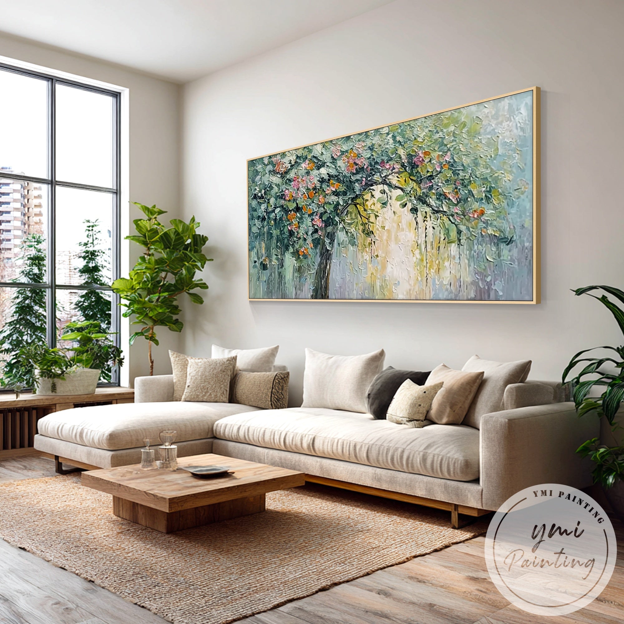 Colorful tree wall art in elegant home office with natural decor elements