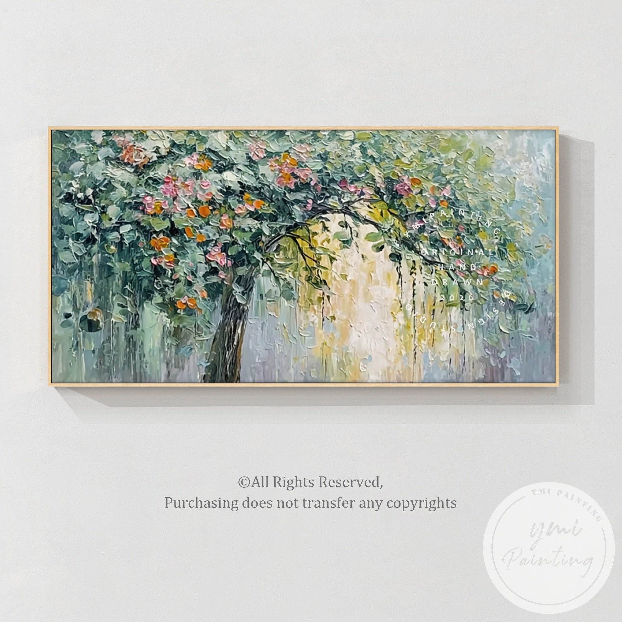 Large canvas floral tree painting installed above cream sectional sofa interior