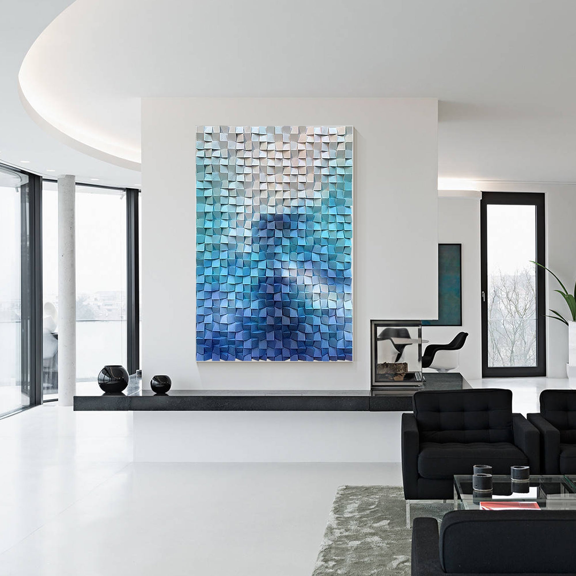 Blue and white abstract art with a mosaic pattern of square wood tiles, highlighting depth and visual movement in Minimalist Living Room.