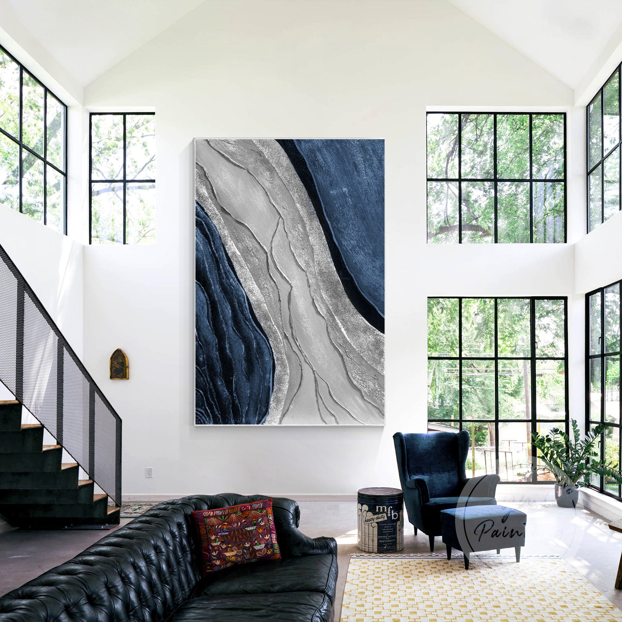 Elegant metallic silver and blue wall art