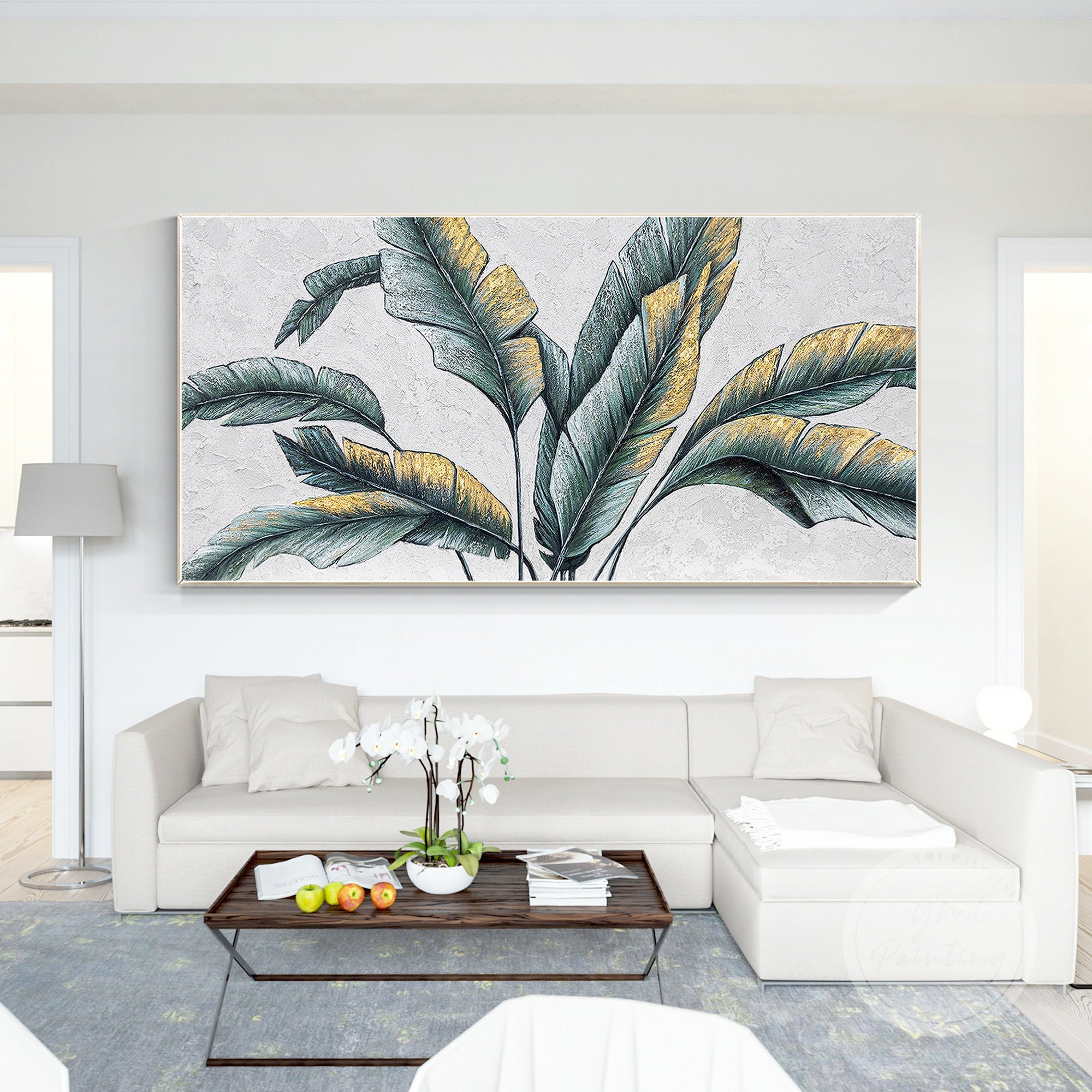 Original palm tree leaf painting with botanical textured art, featuring green banana leaves and gold leaf accents for a luxurious feel.