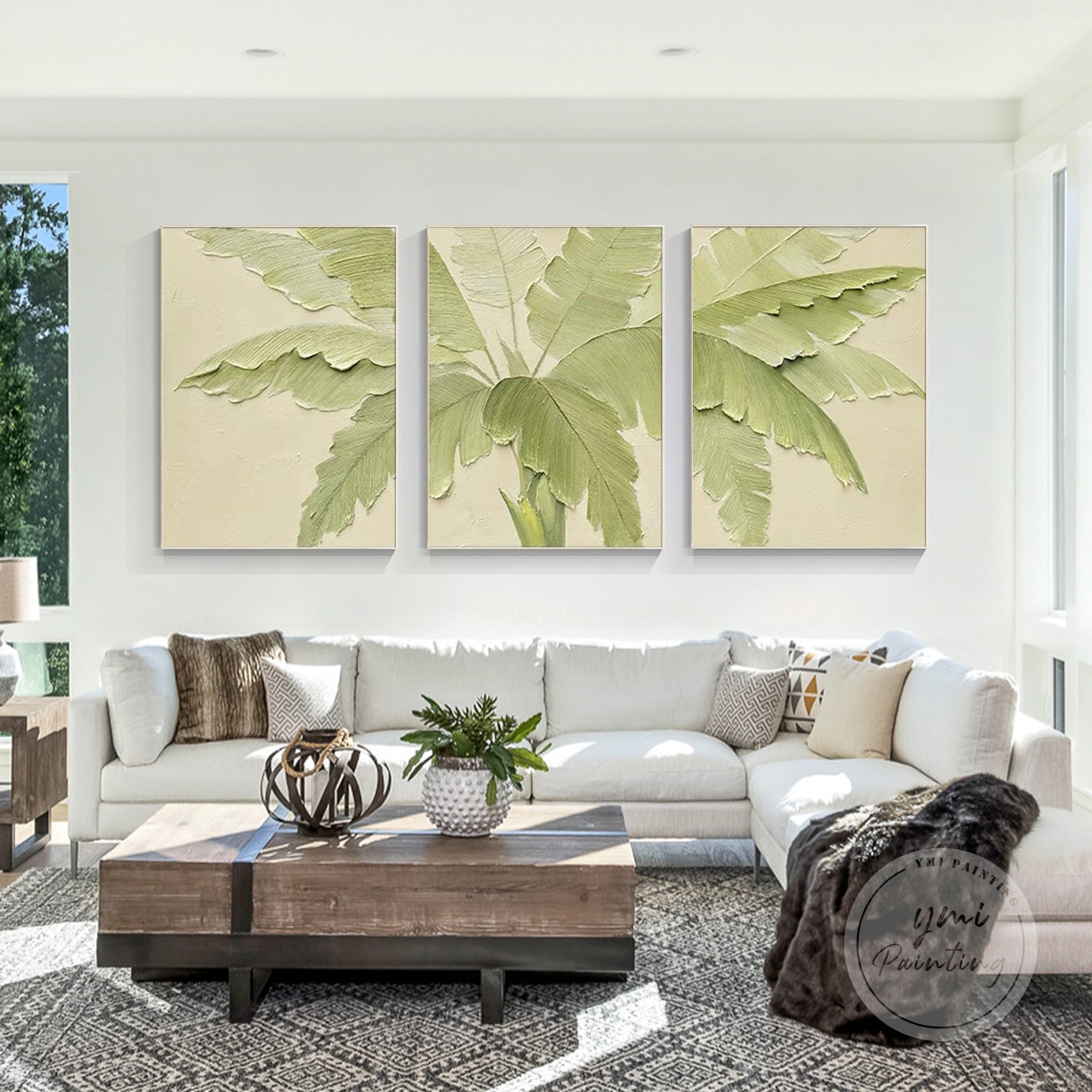 Tropical green plants painting in beige and green tones, large framed leaf wall art for modern home decor.