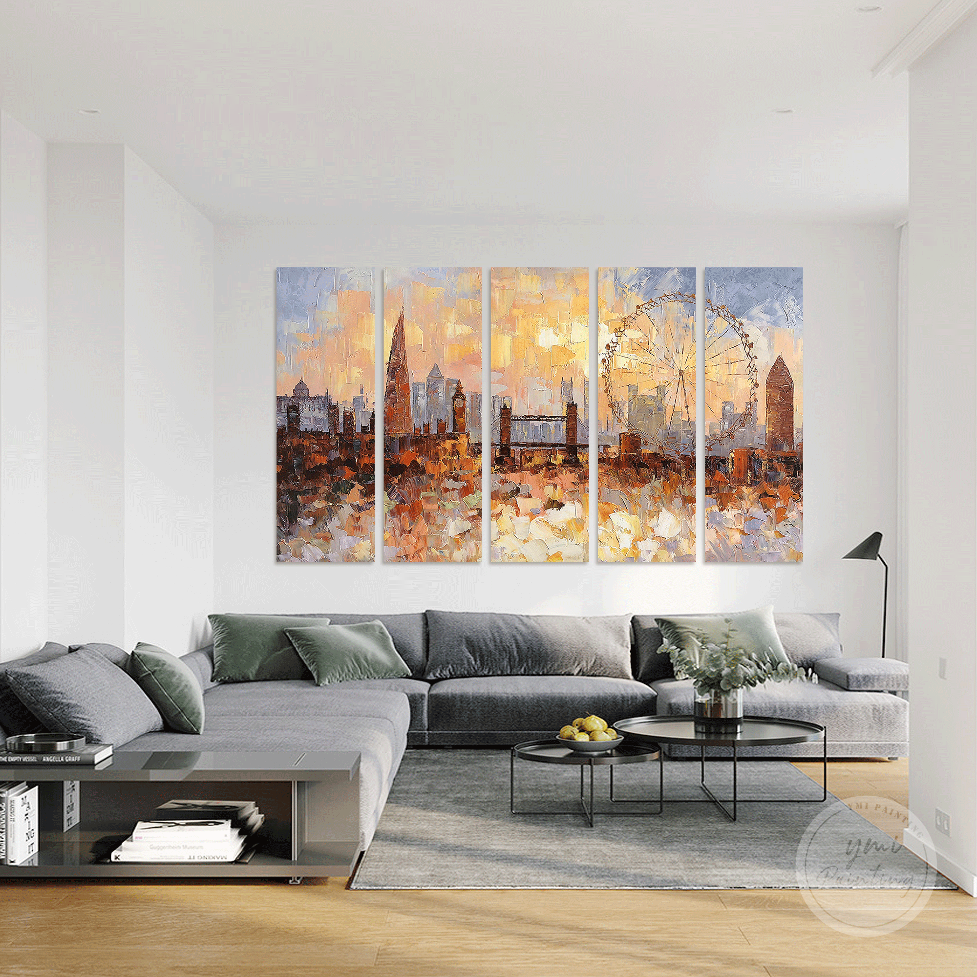 Hand-painted London cityscape on large canvas, with textured 3D palette knife strokes for depth and dimension.