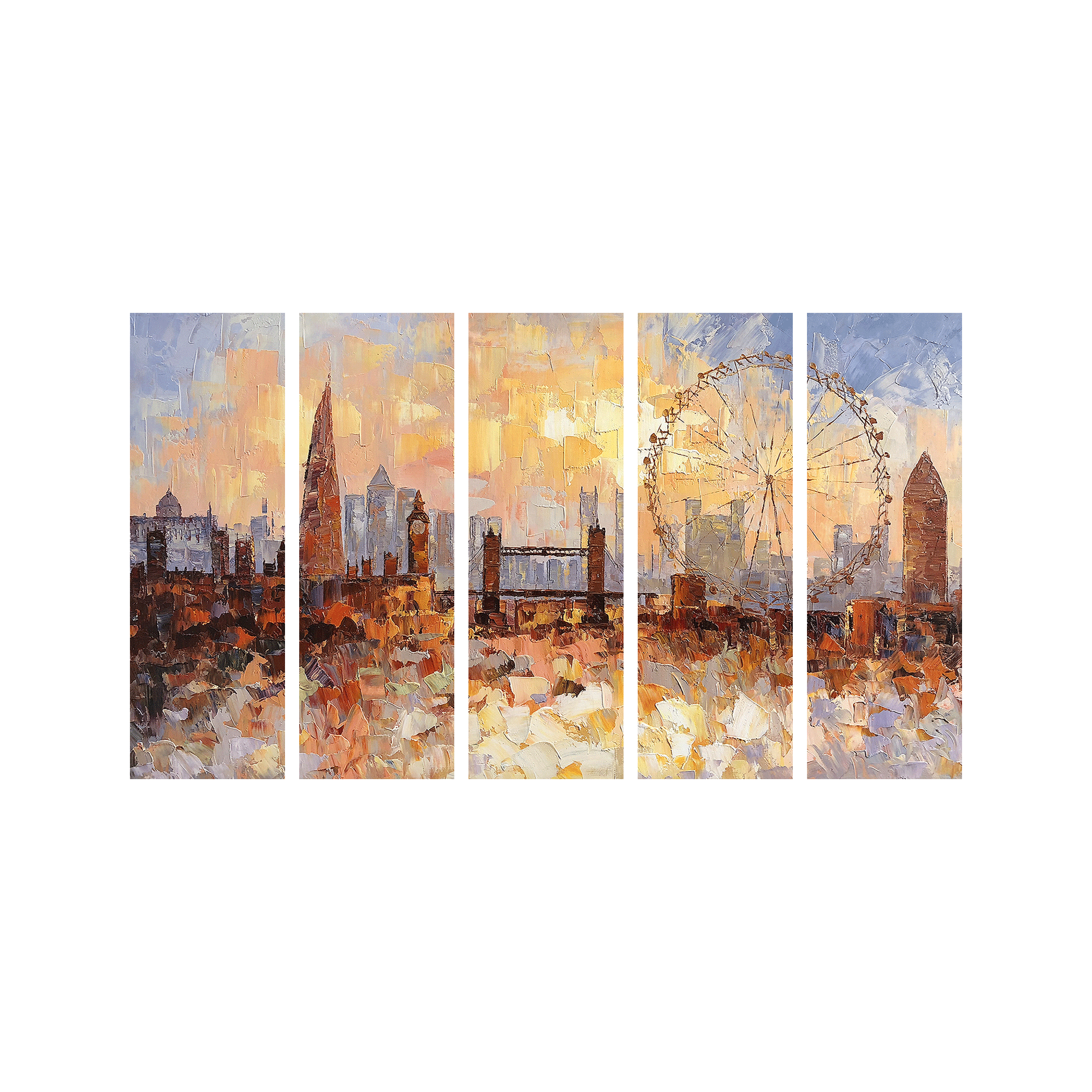 London skyline 3D palette knife painting, a large canvas set of 5 panels showcasing a vibrant cityscape.