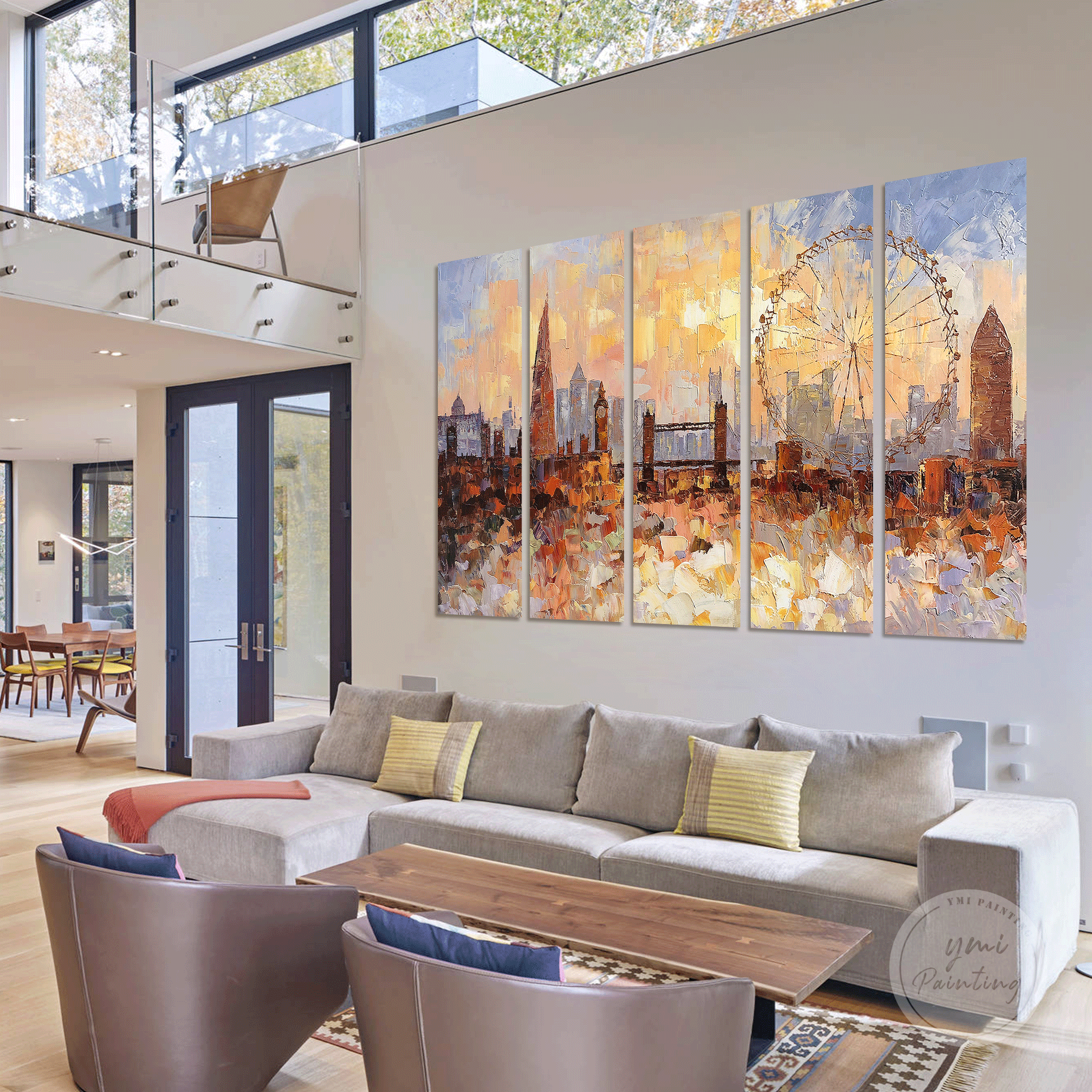 Hand-painted 3D cityscape painting of London, with vibrant colors and deep textures across 5 canvas panels.