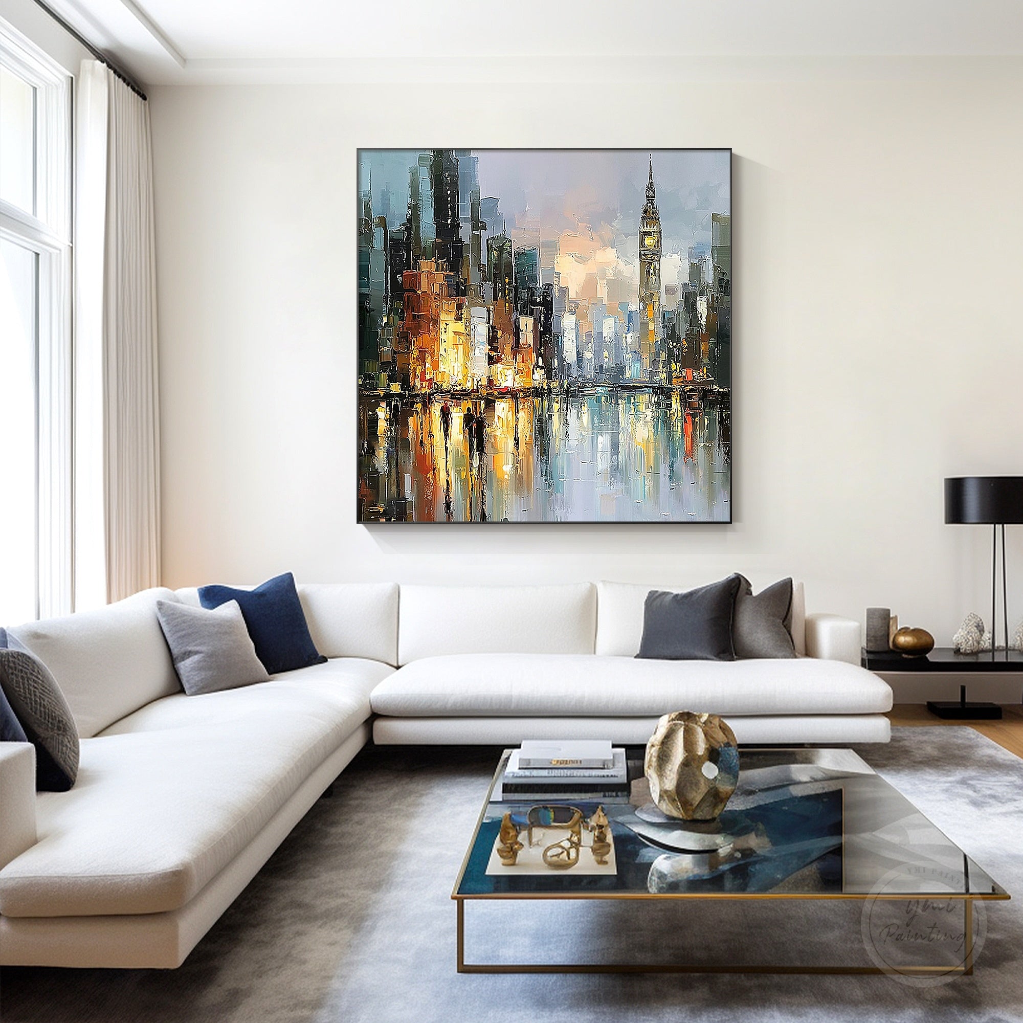 London city wall art with colorful buildings and Thames reflections