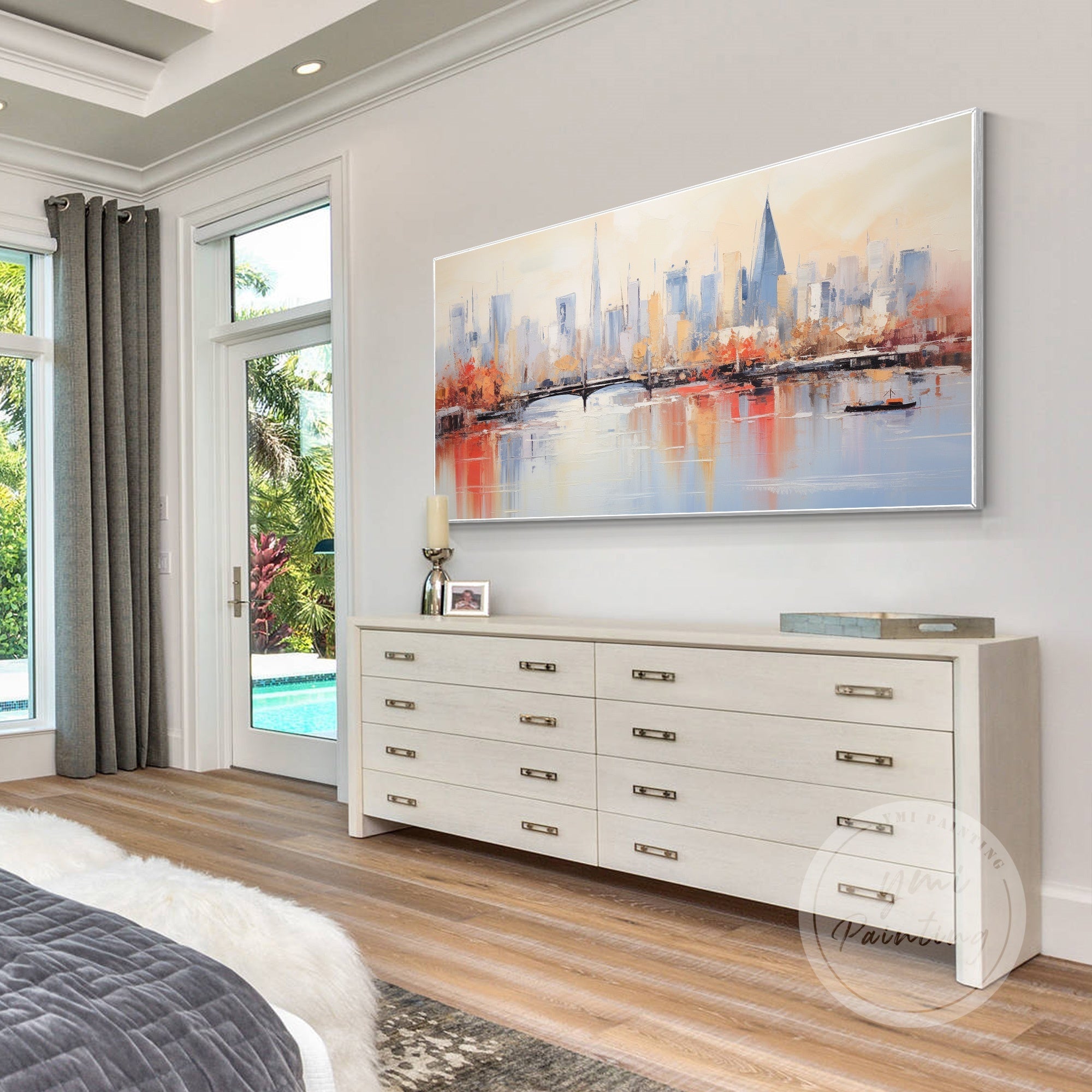 Vibrant blue and orange London wall art, perfect for modern spaces with a dynamic cityscape design.