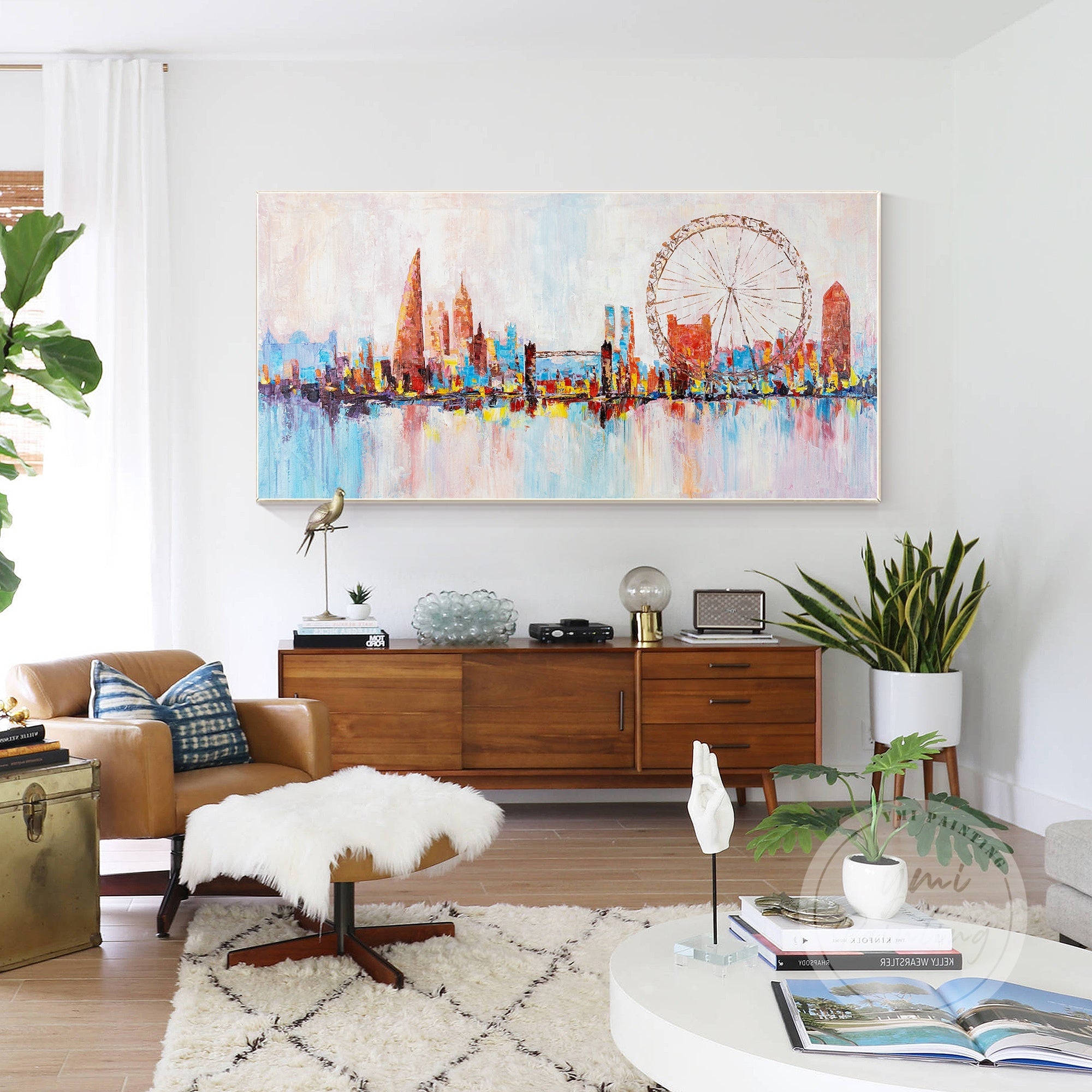 Original London painting featuring the vibrant city skyline, infused with inducing colors for an energetic and uplifting atmosphere.