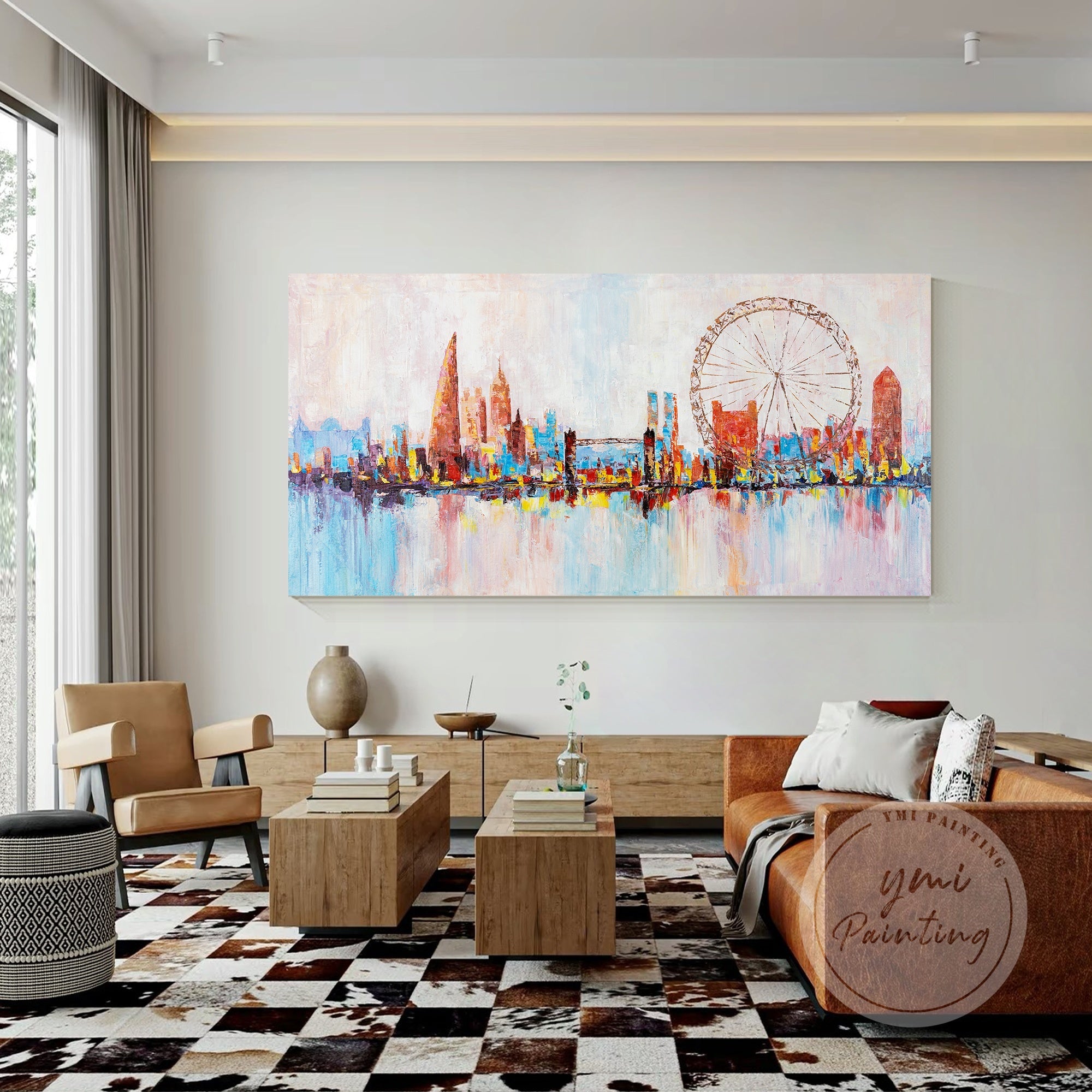 Large London cityscape canvas art, showcasing a colorful and abstract interpretation of the London skyline.