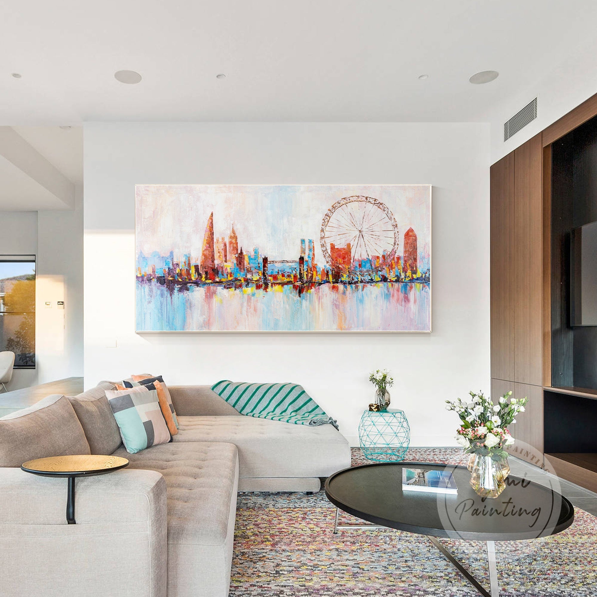 Original wall art depicting the iconic London skyline in bold colors, creating a mood-boosting focal point for any room.