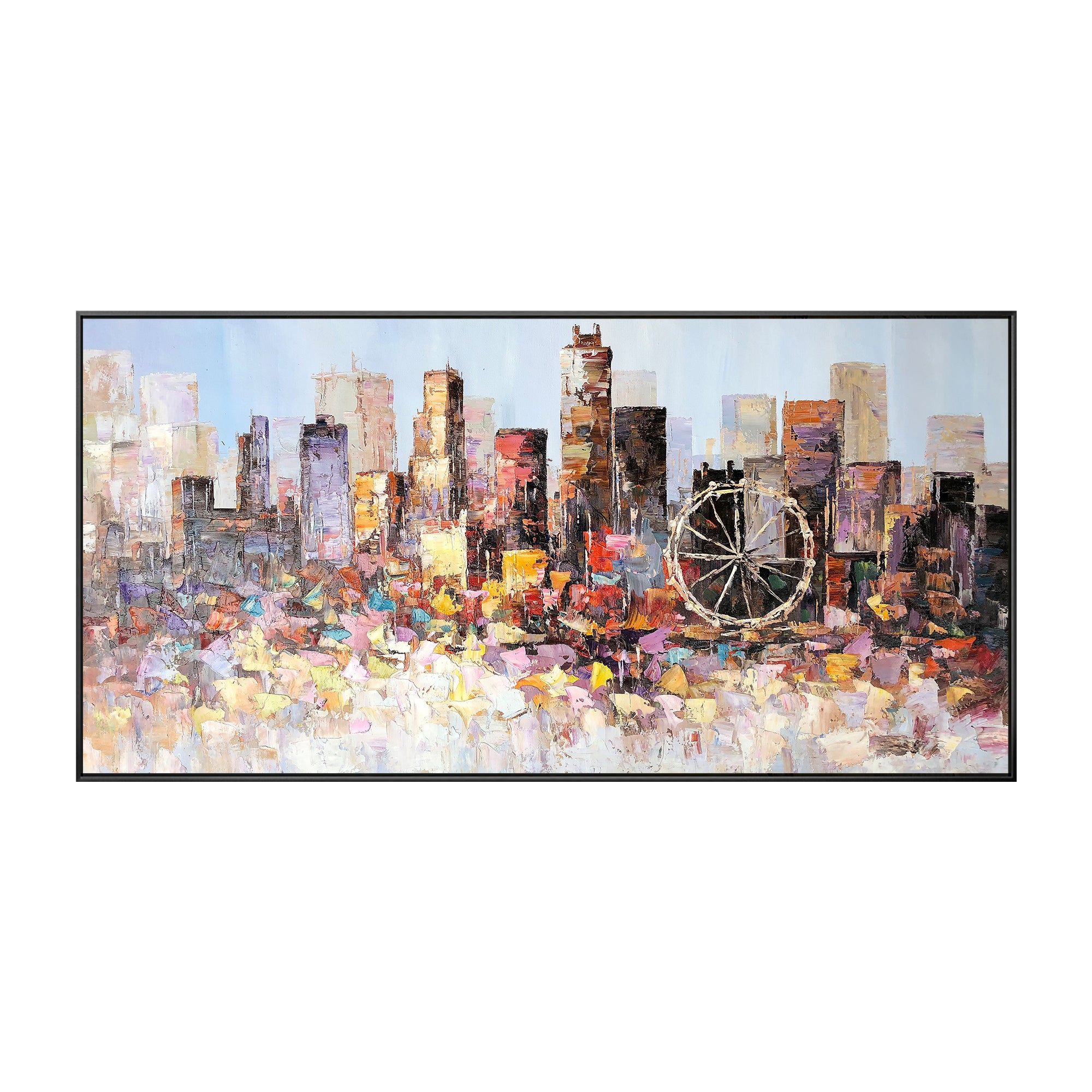 Hand-painted cityscape oil painting of Los Angeles, abstract design with vibrant and bold colors.