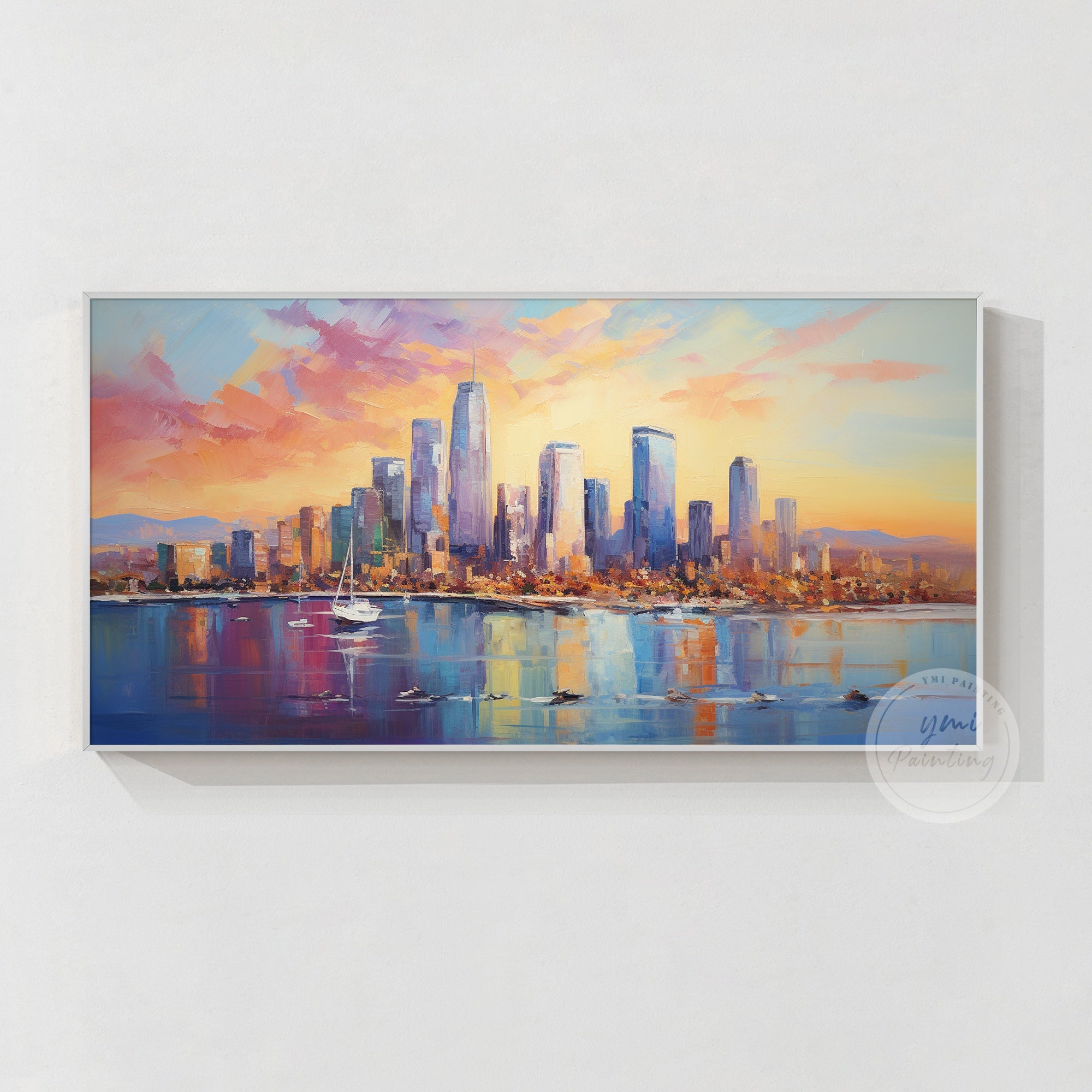 Abstract modern LA skyline painting with vibrant sunset tones.