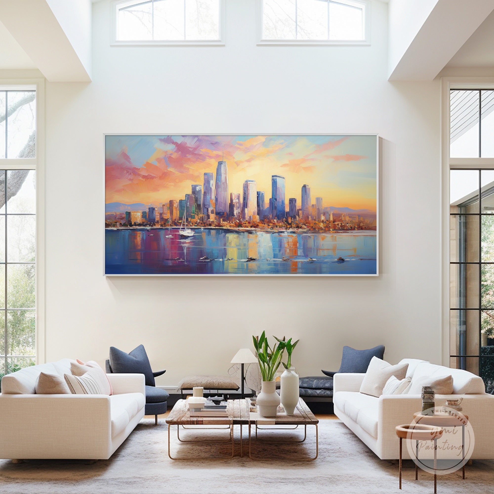 Impasto Los Angeles city painting with dramatic reflections and movement.