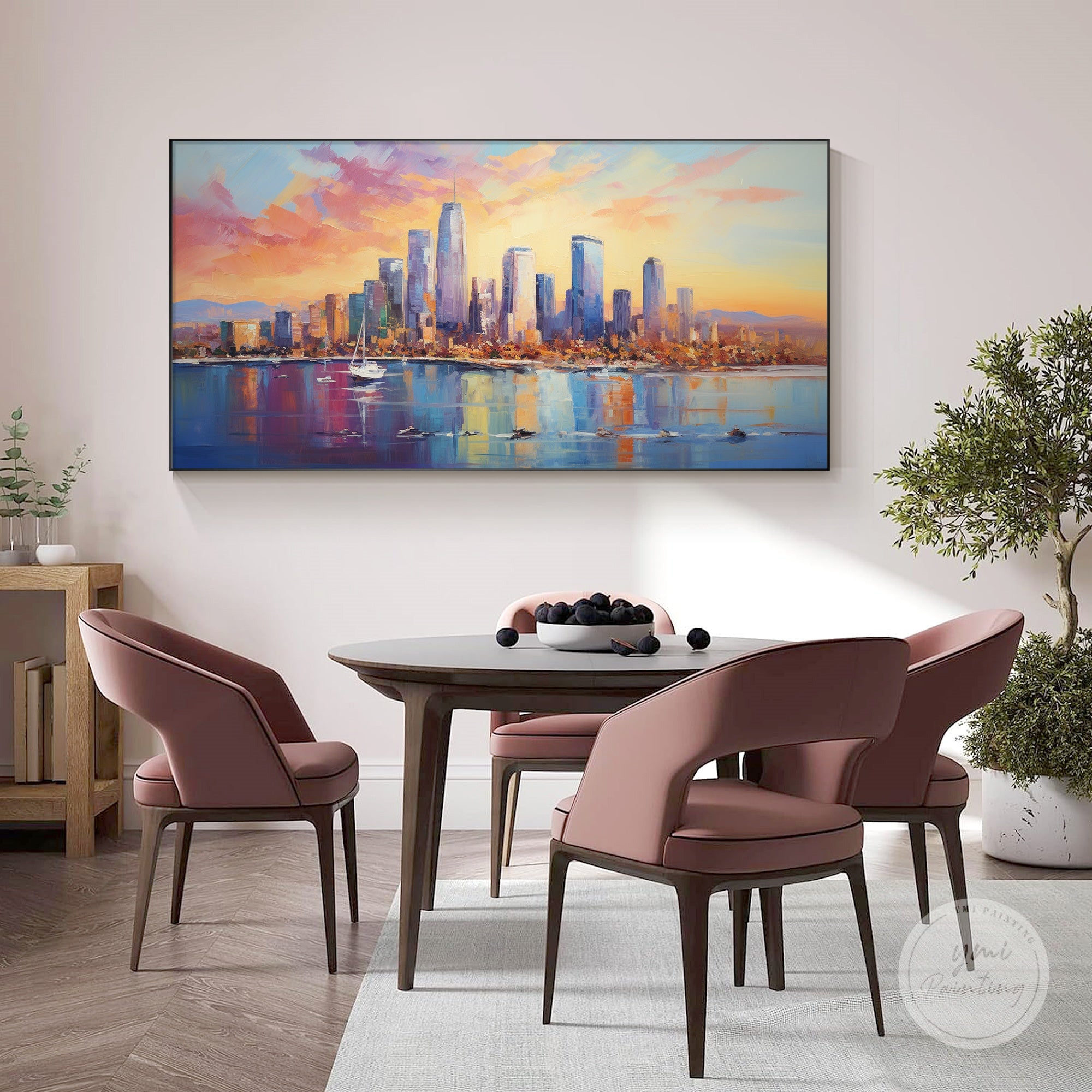 Abstract LA cityscape oil painting with impasto texture and glowing sunset colors.