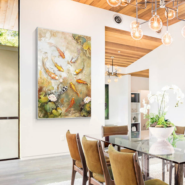 Elegant Zen-Inspired Decor with 9 koi fish in harmonious motion, bringing a peaceful and meditative ambiance to any setting, representing luck, growth, and renewal.