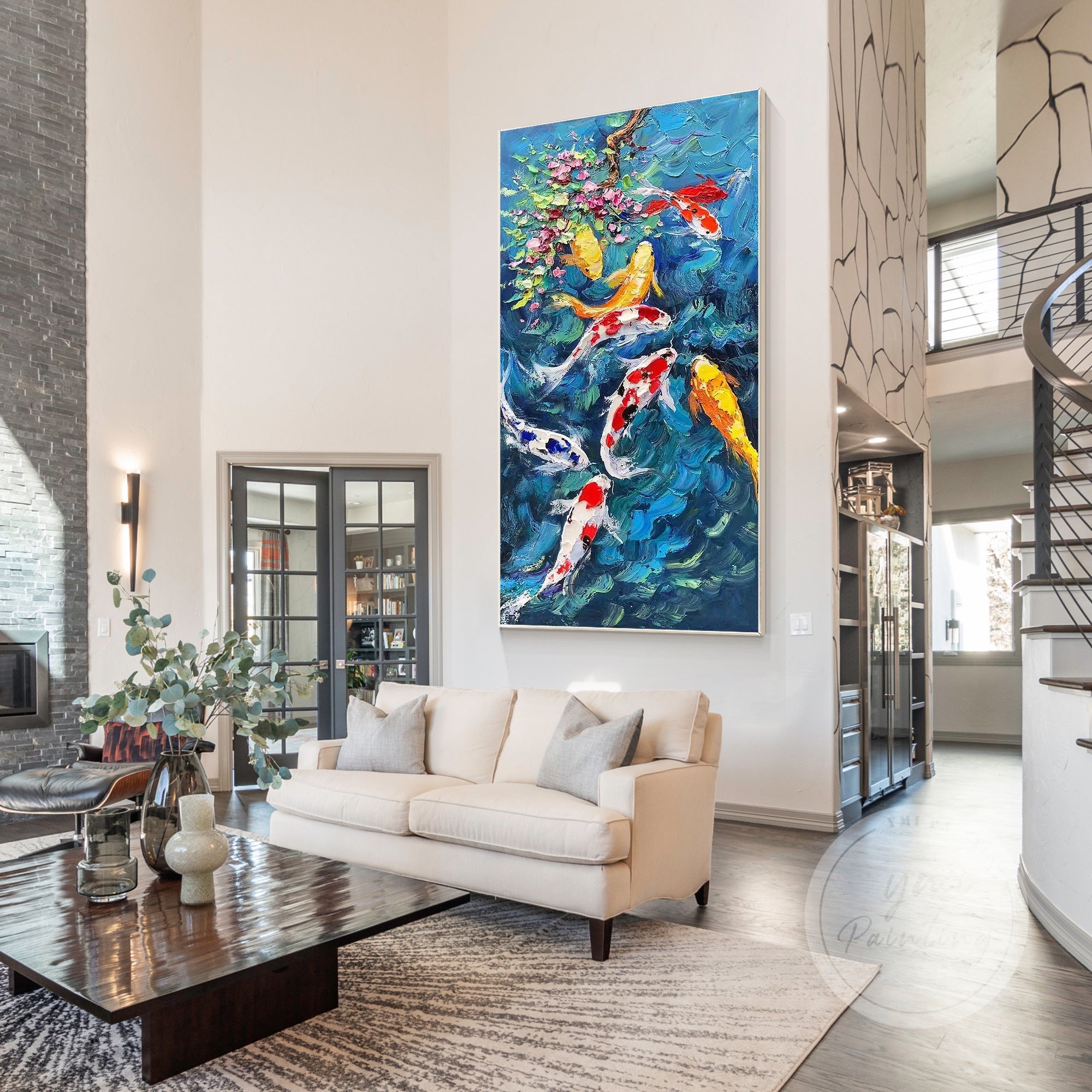 Vibrant koi fish painting with lotus flowers – Vastu Feng Shui wall art
