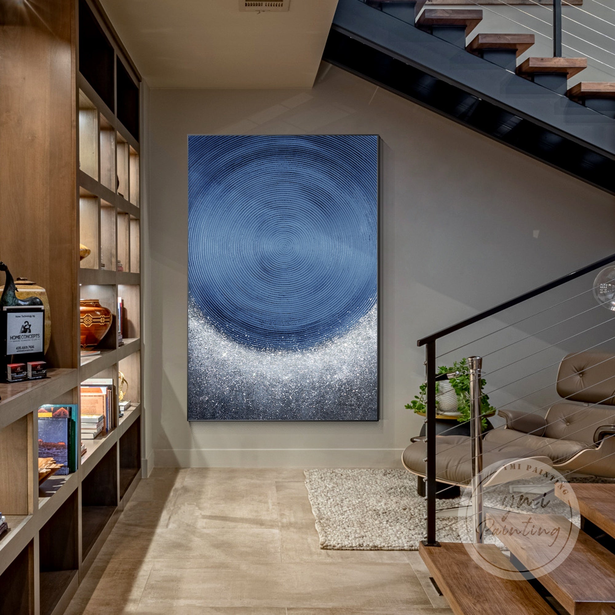Luxury abstract painting with blue background and silver glitter details