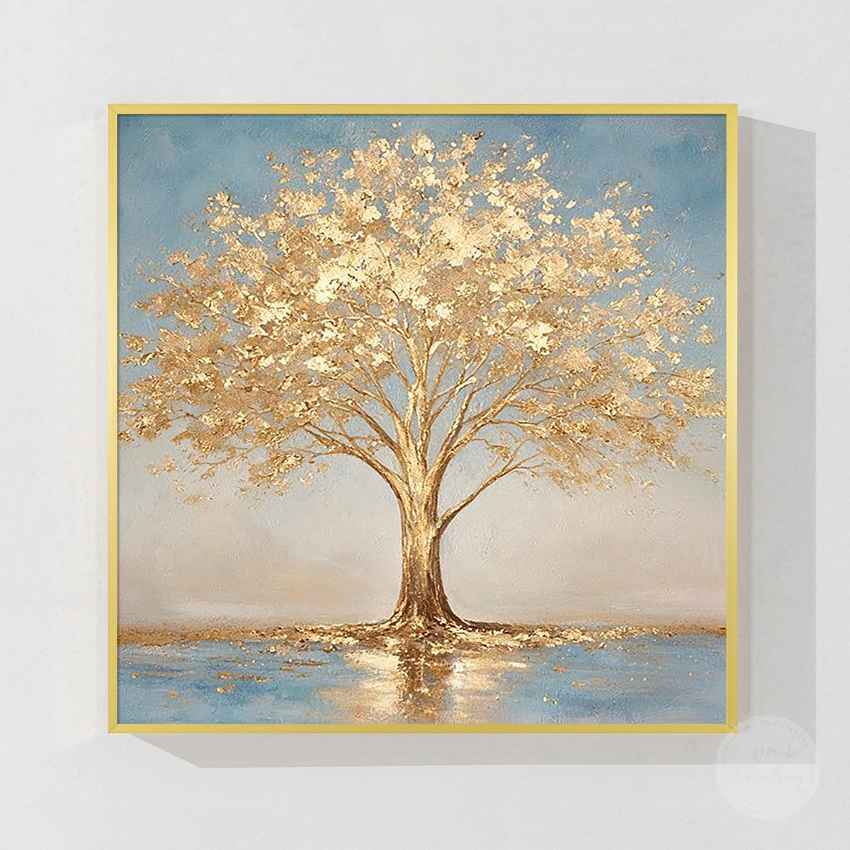 Contemporary gold and blue nature artwork with textured surface