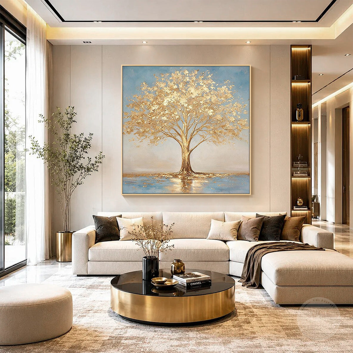 Luxury Tree of Life artwork featuring genuine gold leaf texture
